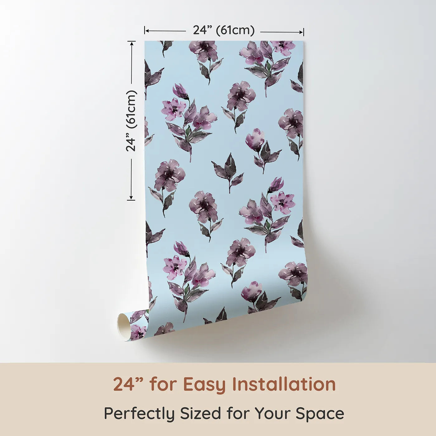 Dimension view of Whimsy Tots Lilac Sprig Dance in Sky (W3354E). Printed in 24-inch-wide panel for easy installation. Lilac florals bloom quietly on soft sky blue.