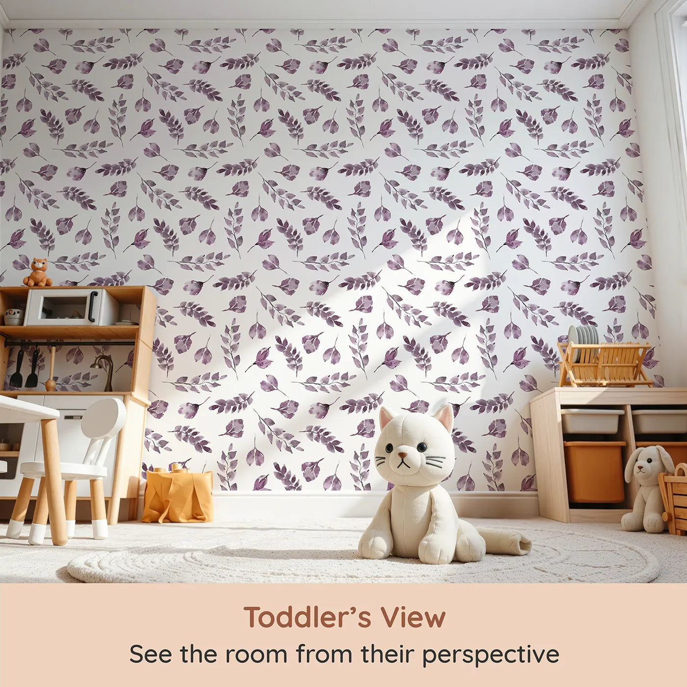 Whimsy Tots Lavender Leaves Whisper in White (W3355A) from your child's view.Soft purple leaves drift gently on bright white skies.