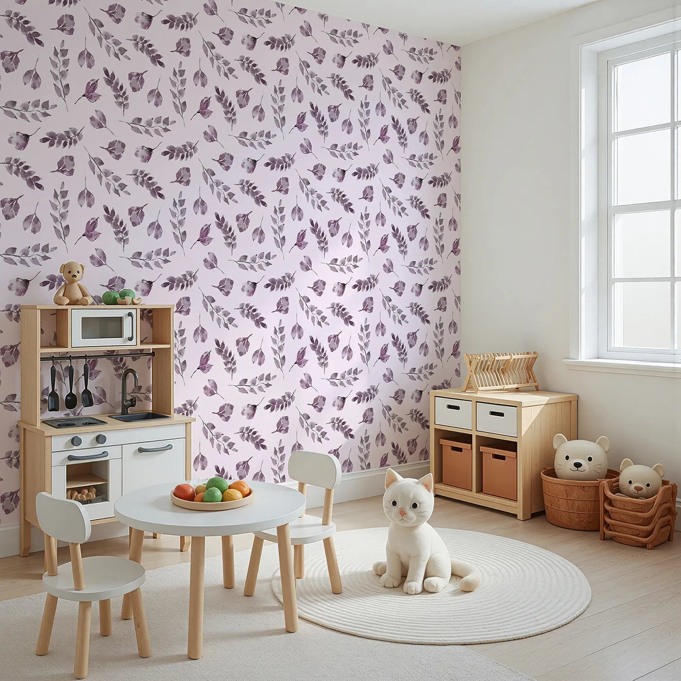 Angled view of Whimsy Tots' Lavender Leaves Whisper in Blush (W3355B).Lavender leaves flutter sweetly on warm pink skies.