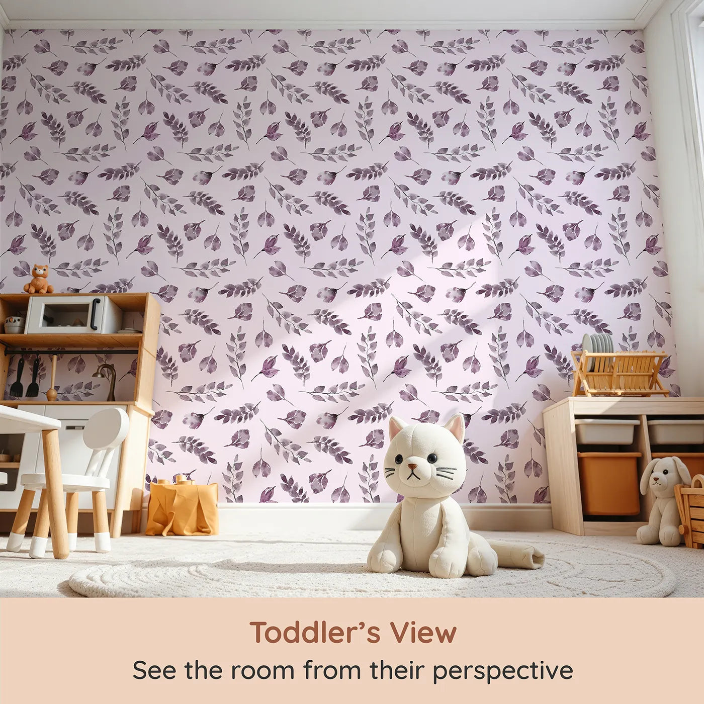 Whimsy Tots Lavender Leaves Whisper in Blush (W3355B) from your child's view.Lavender leaves flutter sweetly on warm pink skies.