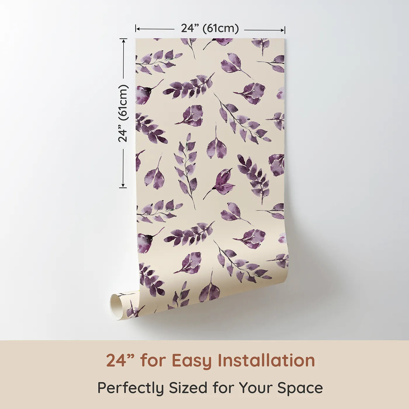 Dimension view of Whimsy Tots Lavender Leaves Whisper in Sand (W3355C). Printed in 24-inch-wide panel for easy installation. Lavender sprigs drift peacefully across warm sandy skies.