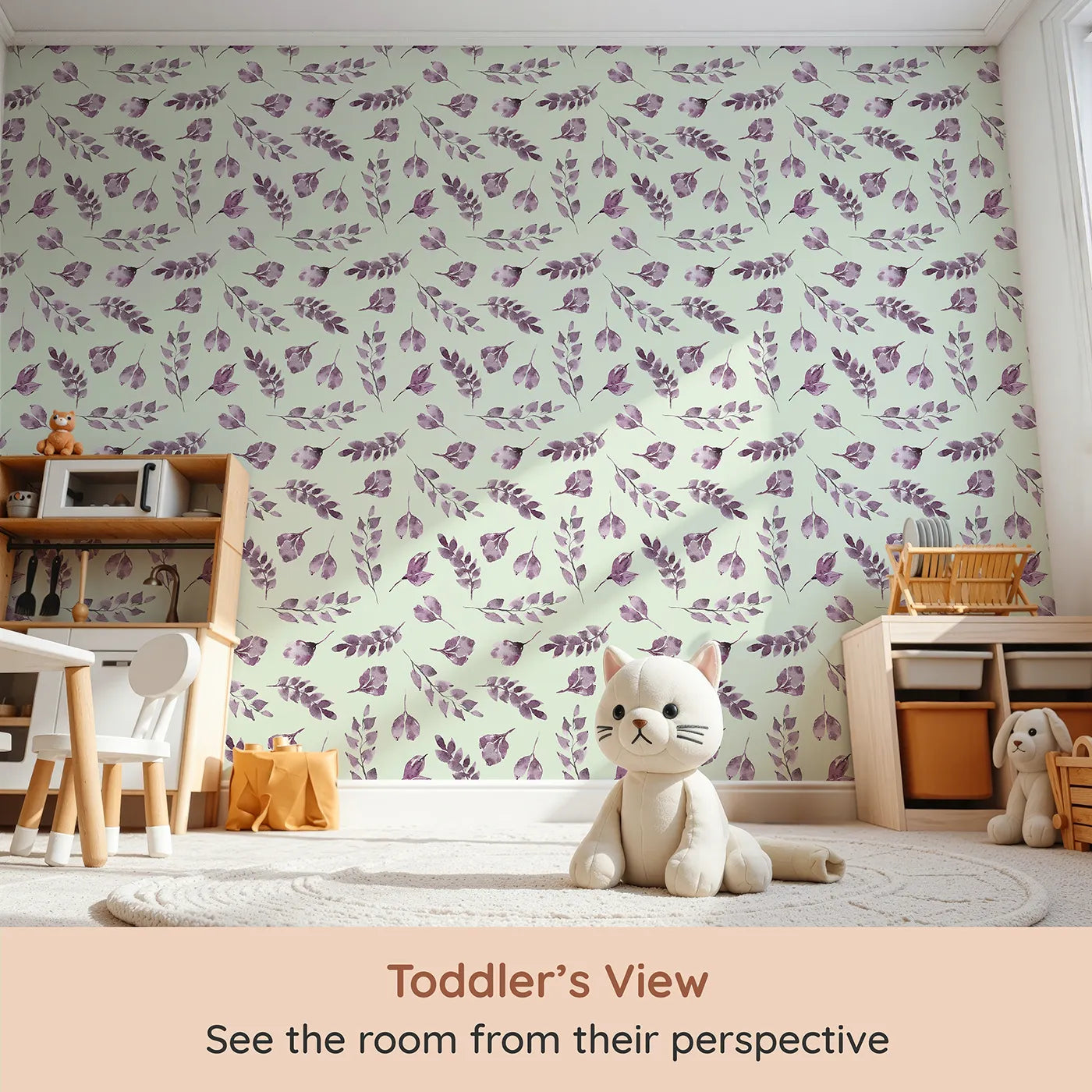 Whimsy Tots Lavender Leaves Whisper in Mint (W3355D) from your child's view.Watercolor leaves glide gently on mint-toned skies.