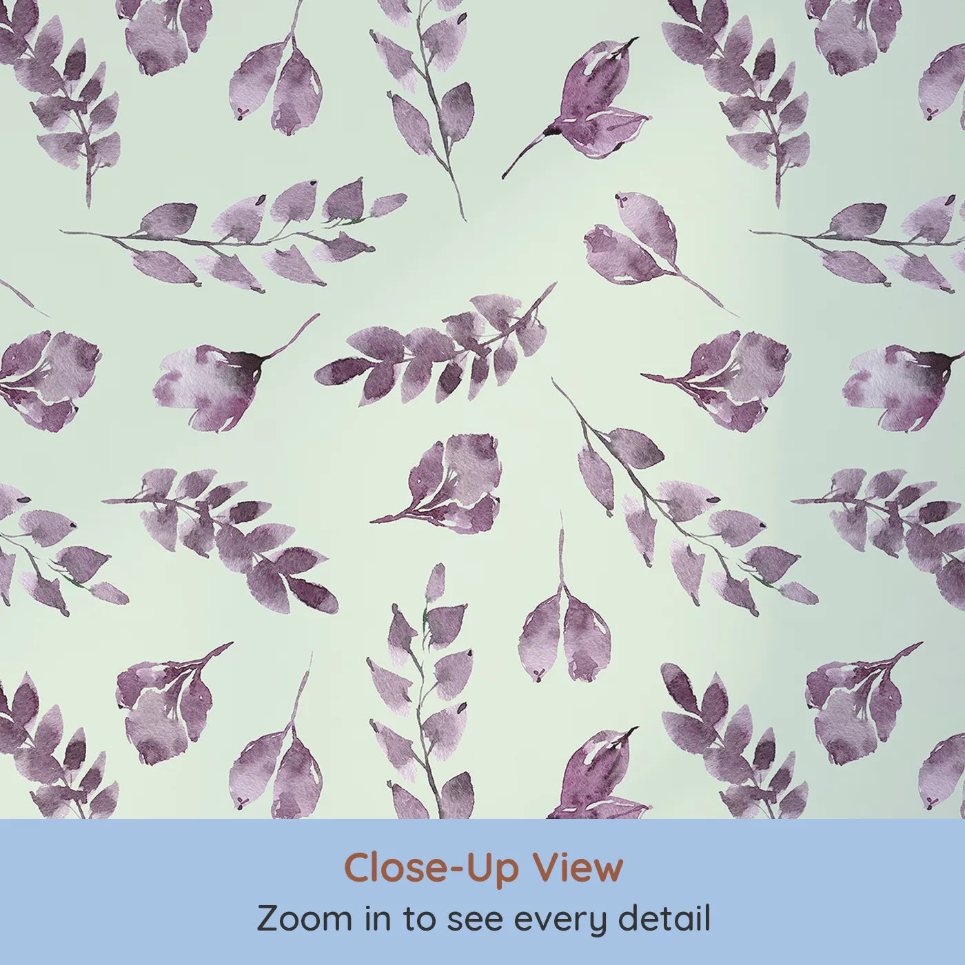 Close-up view of Whimsy Tots' Lavender Leaves Whisper in Mint (W3355D).Watercolor leaves glide gently on mint-toned skies.