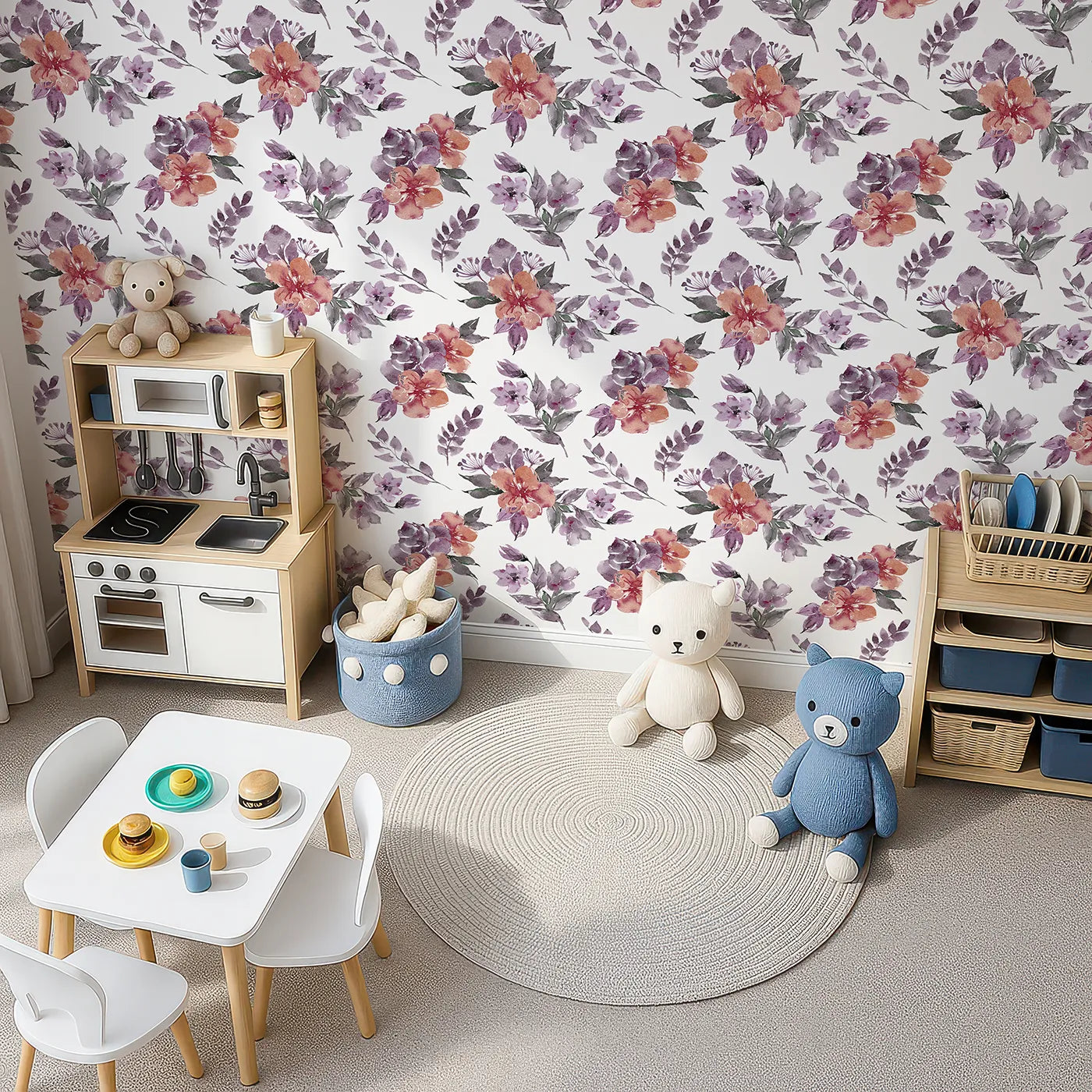 Top-Down view of Whimsy Tots' Blushing Garden Harmony in White (W3356A).Watercolor florals bloom together in a graceful garden dance.