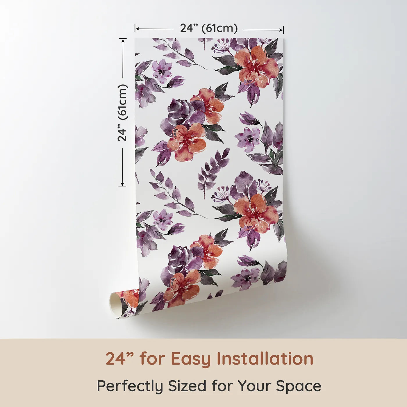 Dimension view of Whimsy Tots Blushing Garden Harmony in White (W3356A). Printed in 24-inch-wide panel for easy installation. Watercolor florals bloom together in a graceful garden dance.