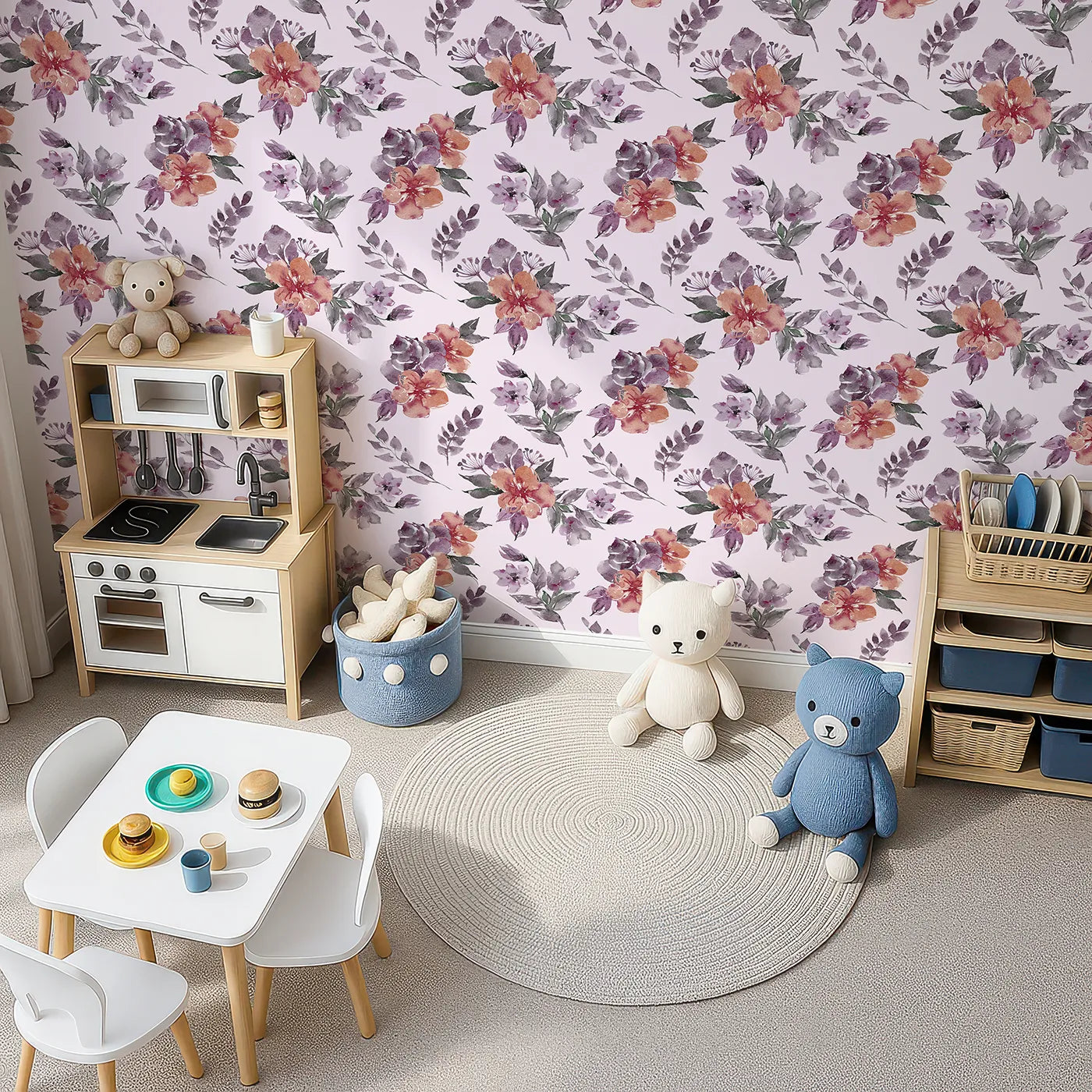 Top-Down view of Whimsy Tots' Blushing Garden Harmony in Blush Pink (W3356B).Delicate florals bloom across sweet blush skies.