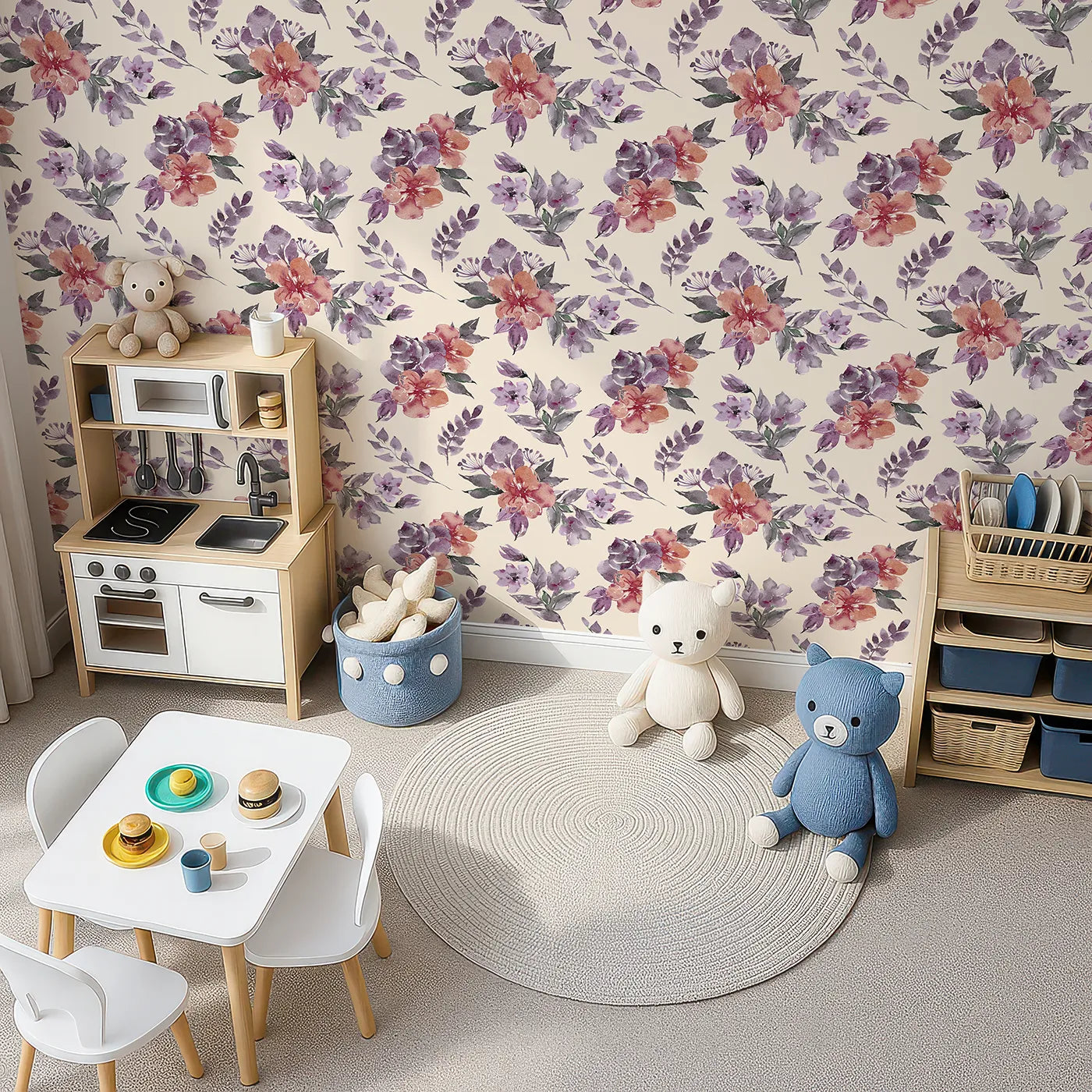 Top-Down view of Whimsy Tots' Blushing Garden Harmony in Sand (W3356C).Terracotta and berry blooms rest peacefully on sandy skies.