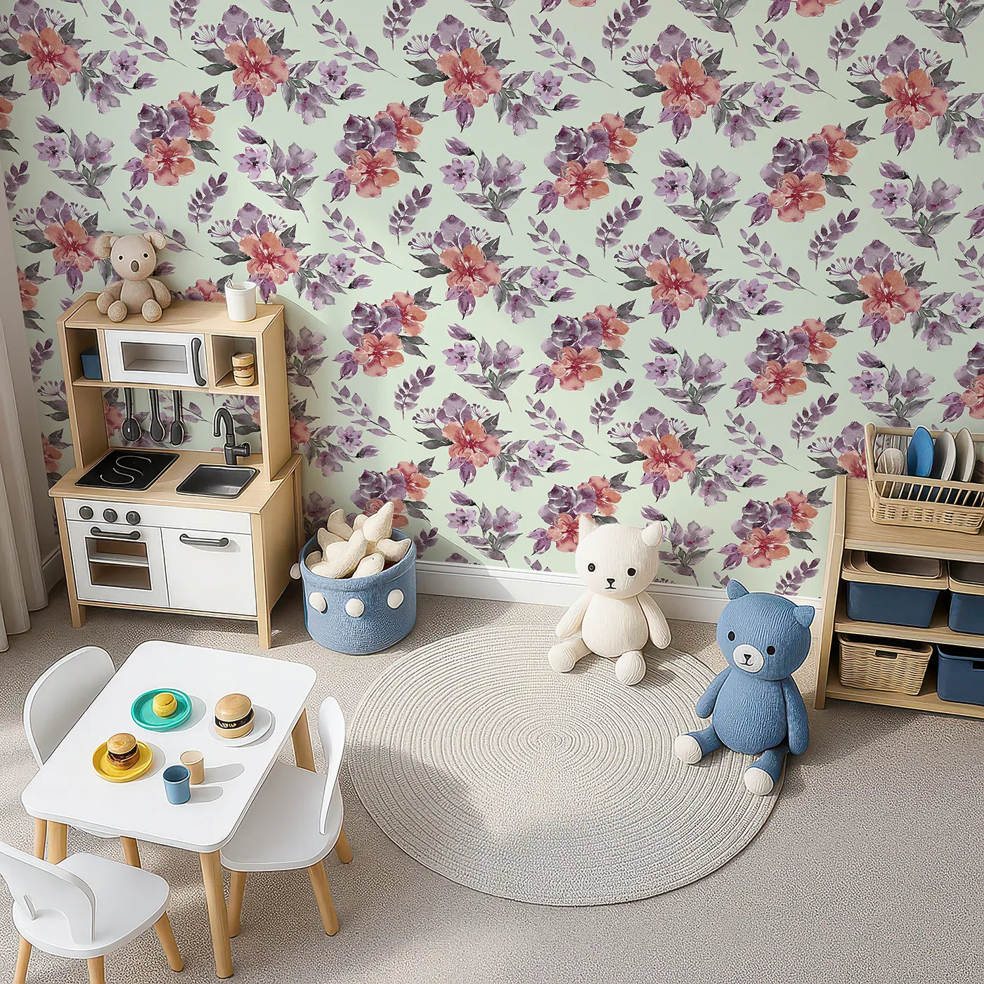 Top-Down view of Whimsy Tots' Blushing Garden Harmony in Mint Green (W3356D).Lilac and terracotta blooms float softly on fresh mint skies.