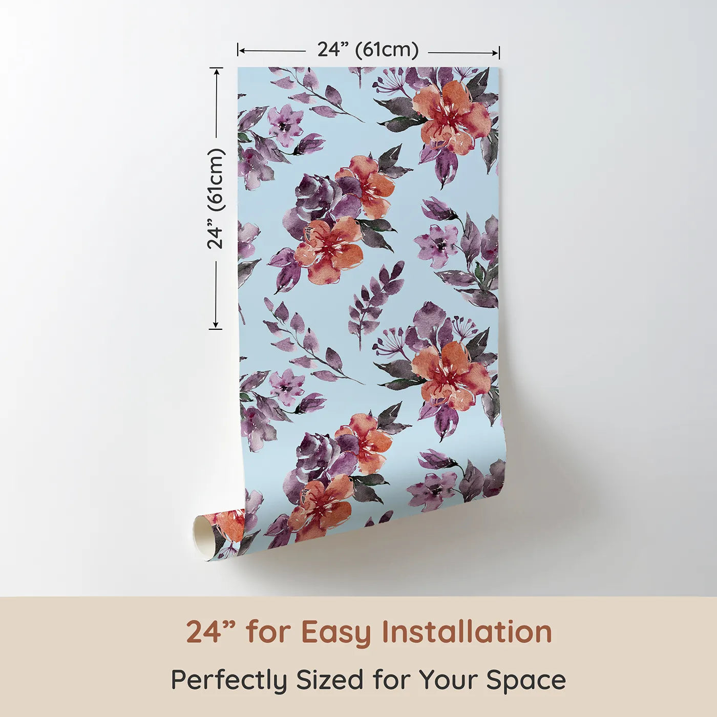 Dimension view of Whimsy Tots Blushing Garden Harmony in Sky (W3356E). Printed in 24-inch-wide panel for easy installation. Watercolor florals bloom across gentle sky-blue fields.