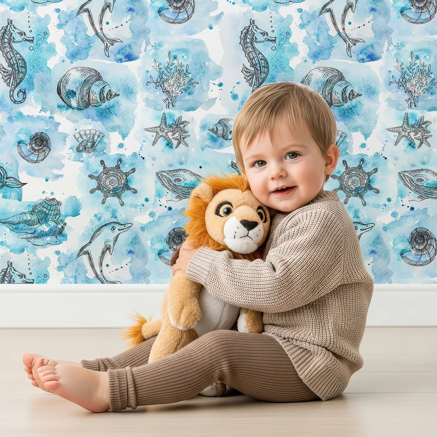 Lovely child standing in front of Whimsy Tots Ocean Treasures Wallpaper with dolphin, whale, shell, starfish, coral, ship wheel in design.