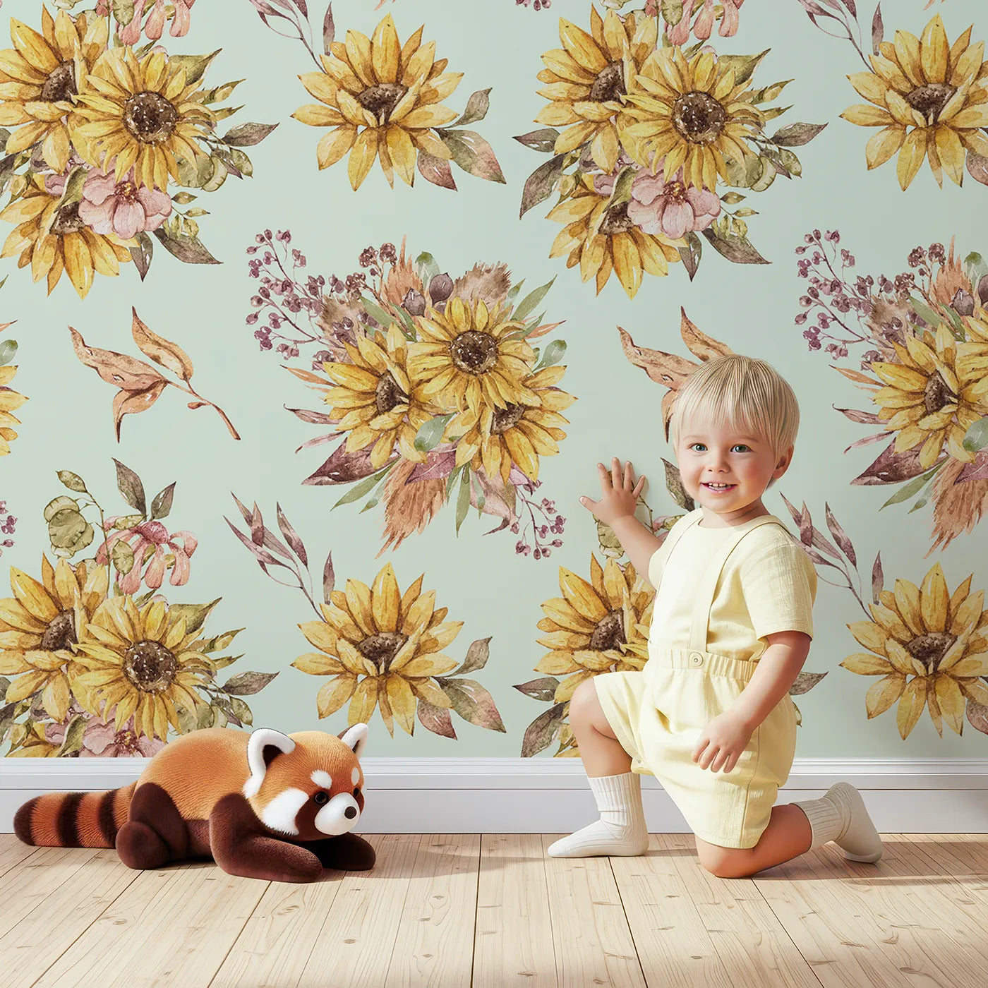 Lovely child standing in front of Whimsy Tots Sun-Kissed Meadow Blooms in Mint Green with sunflower, flower, leaf, bouquet in design.
