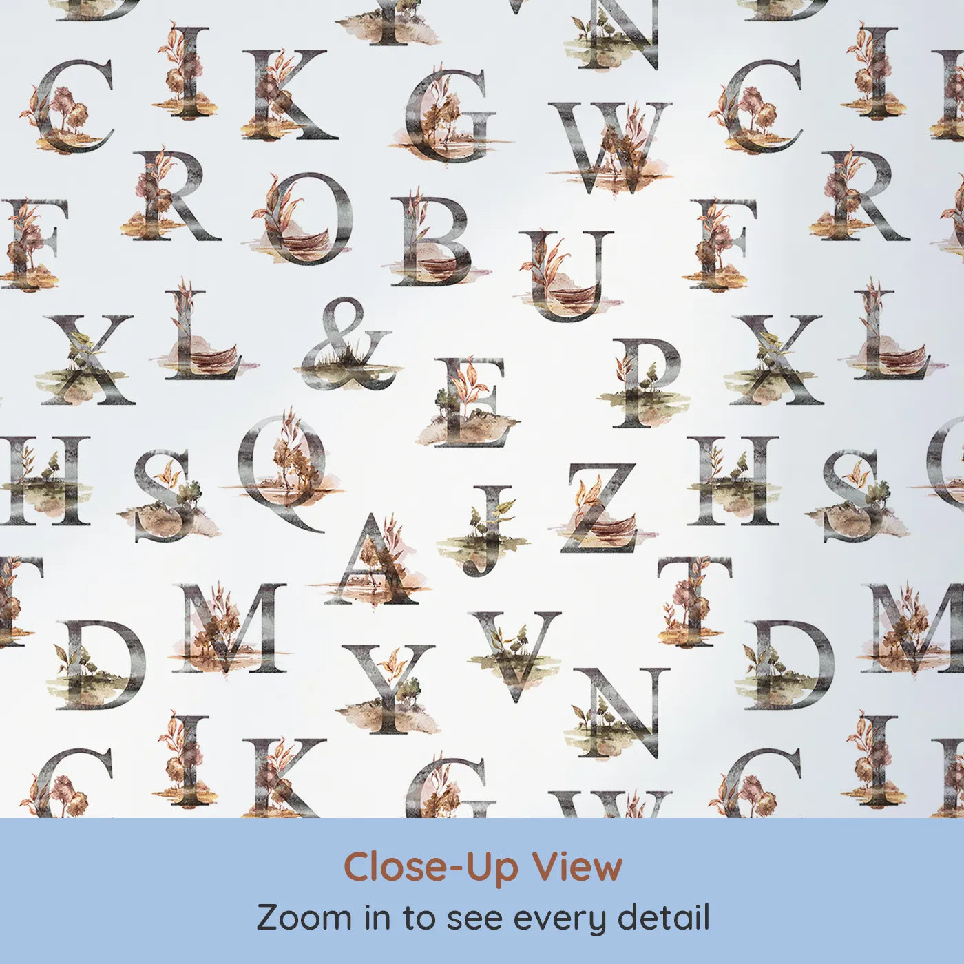 Close-up view of Whimsy Tots' Rustic Alphabet Adventure in White (W3359A).Nature-touched letters guide the way through rustic learning.