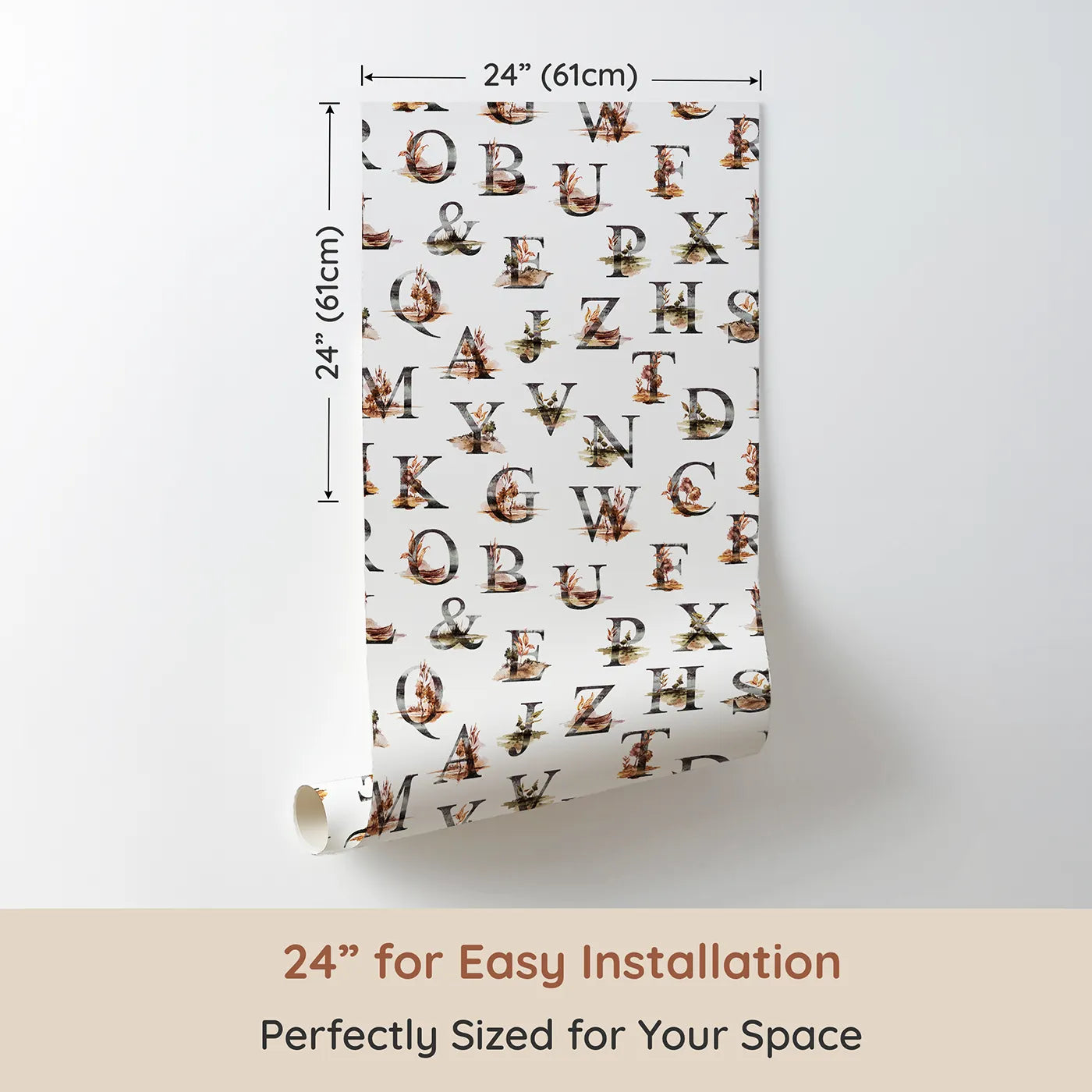 Dimension view of Whimsy Tots Rustic Alphabet Adventure in White (W3359A). Printed in 24-inch-wide panel for easy installation. Nature-touched letters guide the way through rustic learning.