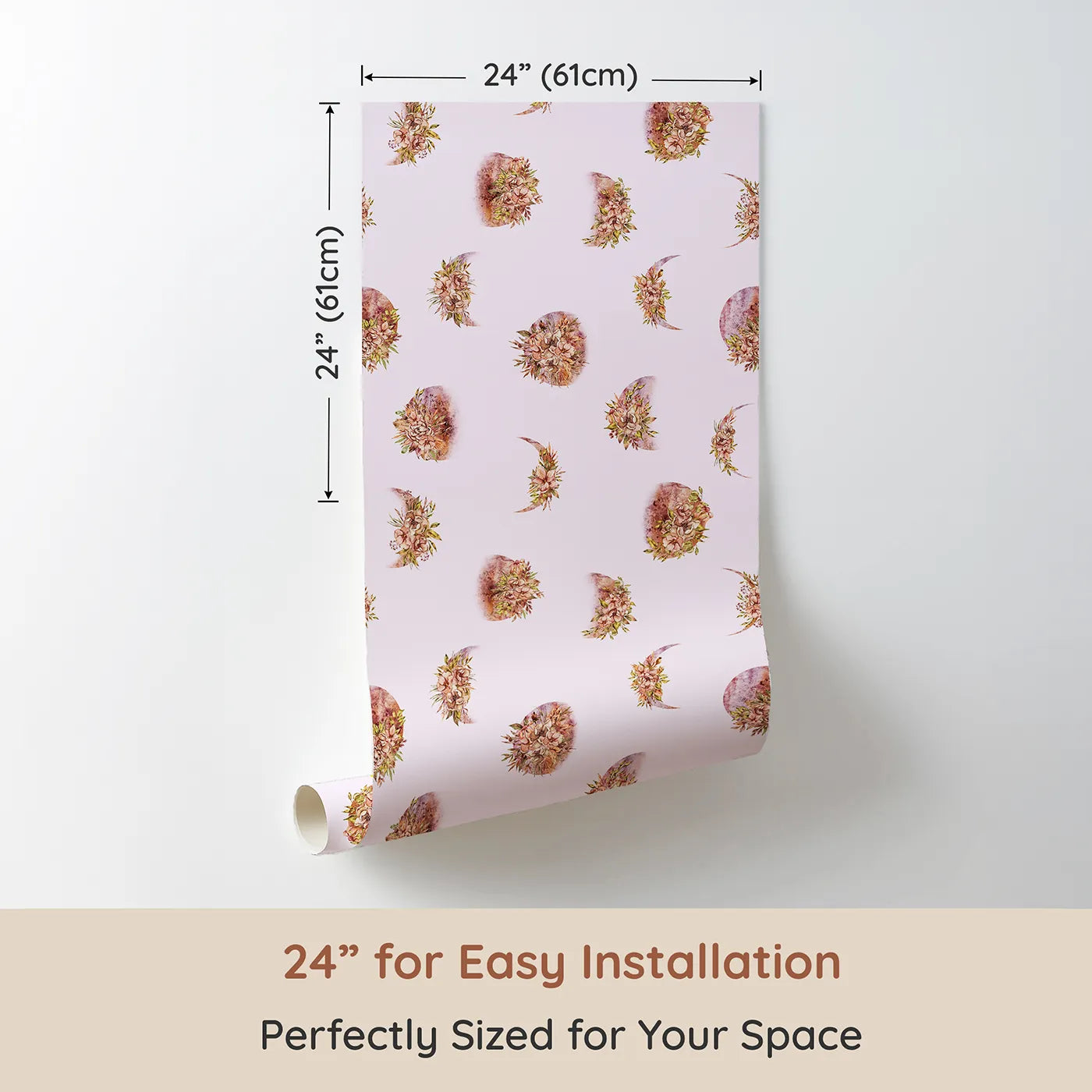 Dimension view of Whimsy Tots Moonlit Floral Whispers in Blush Pink (W3360B). Printed in 24-inch-wide panel for easy installation. Crescent moons bloom softly with blush-toned florals.