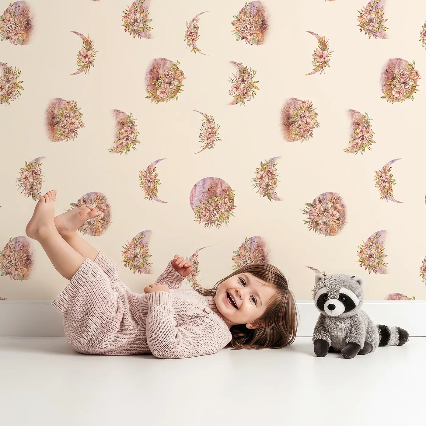 Lovely child standing in front of Whimsy Tots Moonlit Floral Whispers in Sand with moon, flower, blossom, petal in design.