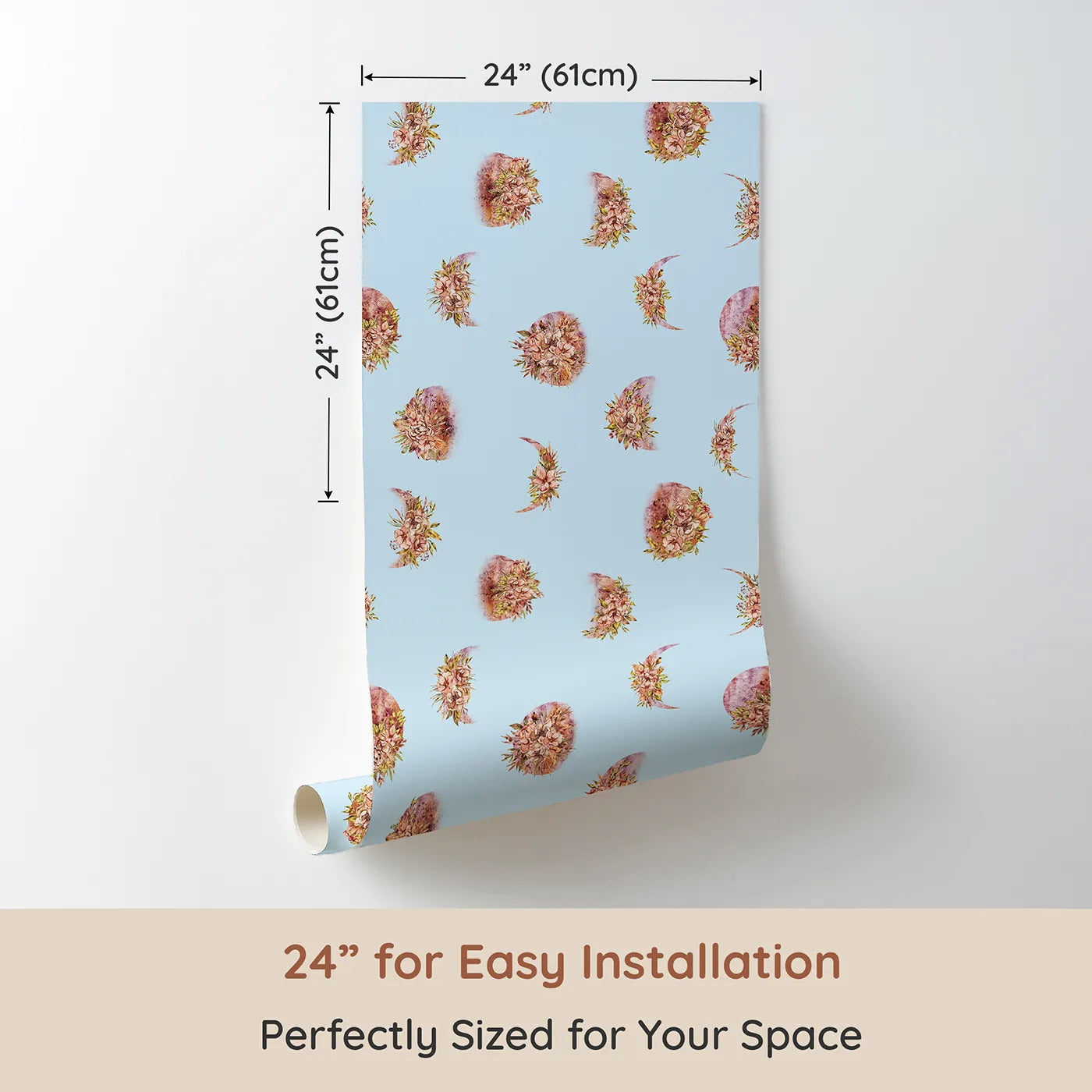 Dimension view of Whimsy Tots Moonlit Floral Whispers in Sky (W3360E). Printed in 24-inch-wide panel for easy installation. Watercolor moons and florals drift peacefully through blue skies.