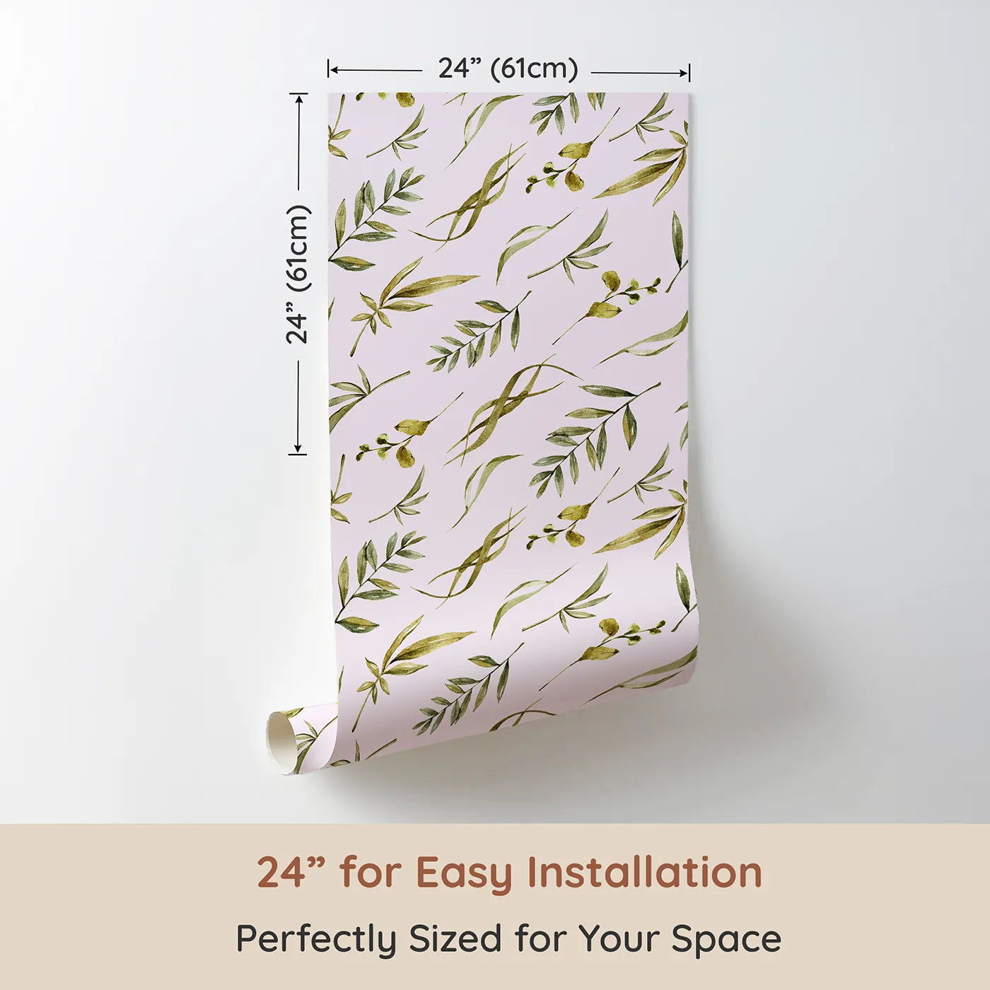 Dimension view of Whimsy Tots Botanical Breeze Wallpaper in Blush Pink (W3361B). Printed in 24-inch-wide panel for easy installation. Watercolor greenery dances gently on a pink-tinted sky.