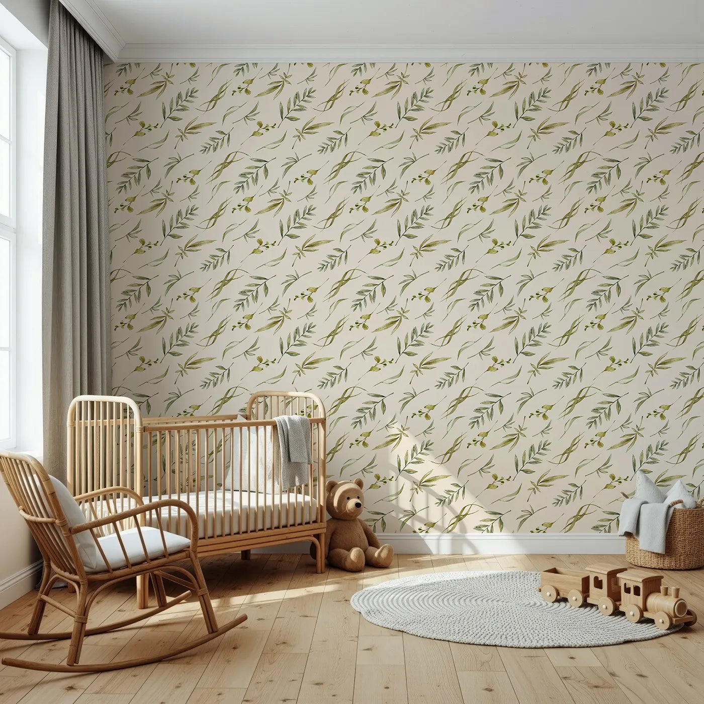 Front view of Whimsy Tots' Botanical Breeze Wallpaper in Cream