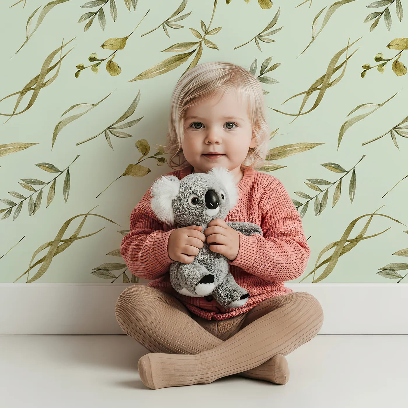 Lovely child standing in front of Whimsy Tots Botanical Breeze Wallpaper in Mint Green with leaf, sprig, branch, stem in design.