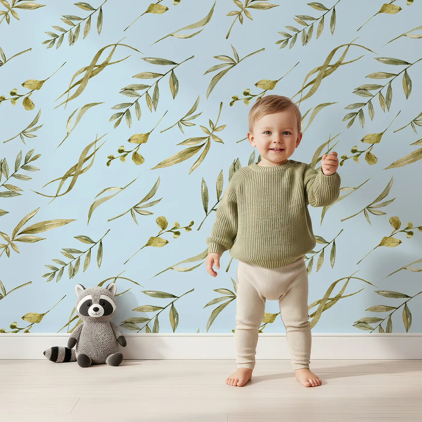 Lovely child standing in front of Whimsy Tots Botanical Breeze Wallpaper in Sky with leaf, sprig, branch, stem in design.