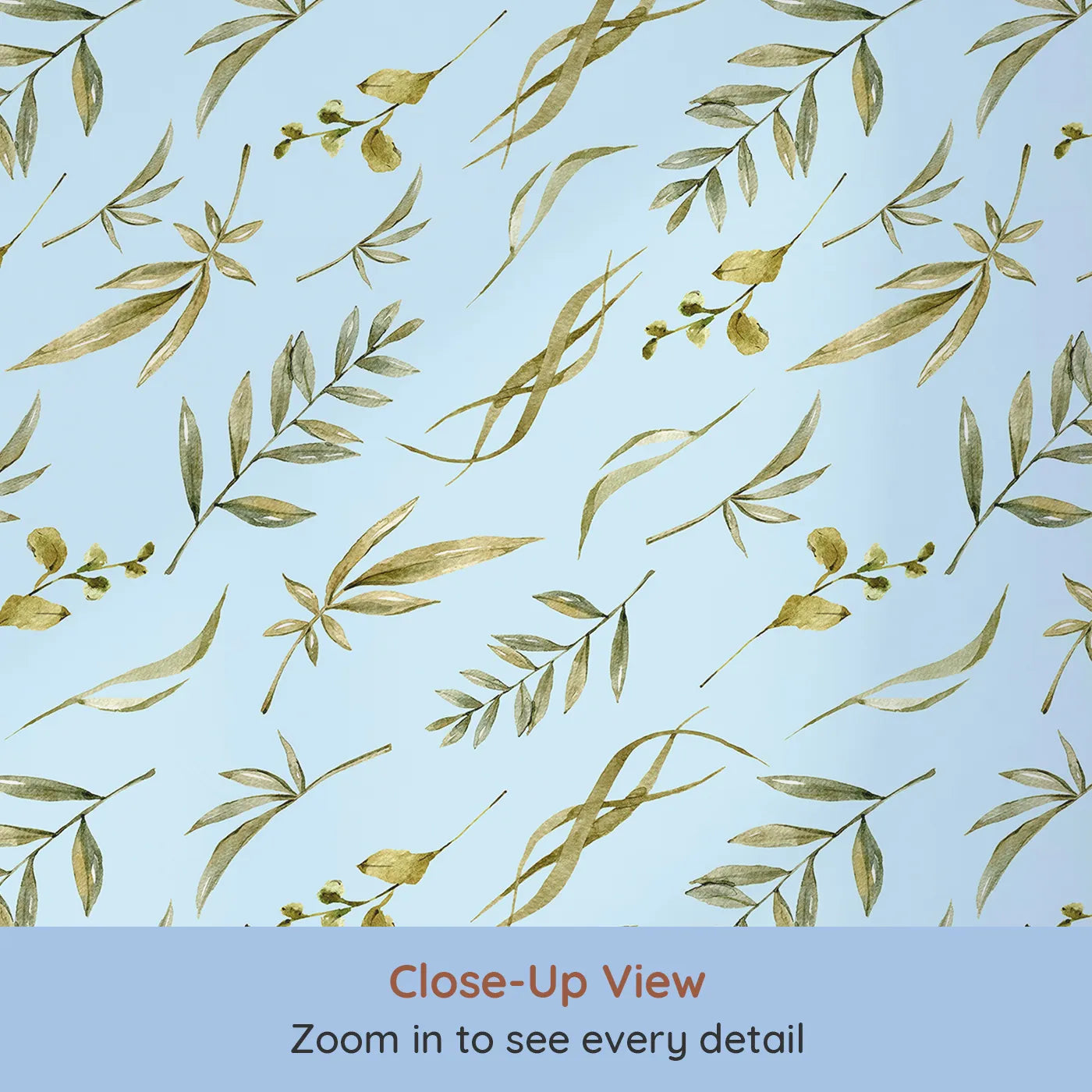 Close-up view of Whimsy Tots' Botanical Breeze Wallpaper in Sky (W3361E).Watercolor leaves float gently on a sky-blue breeze.