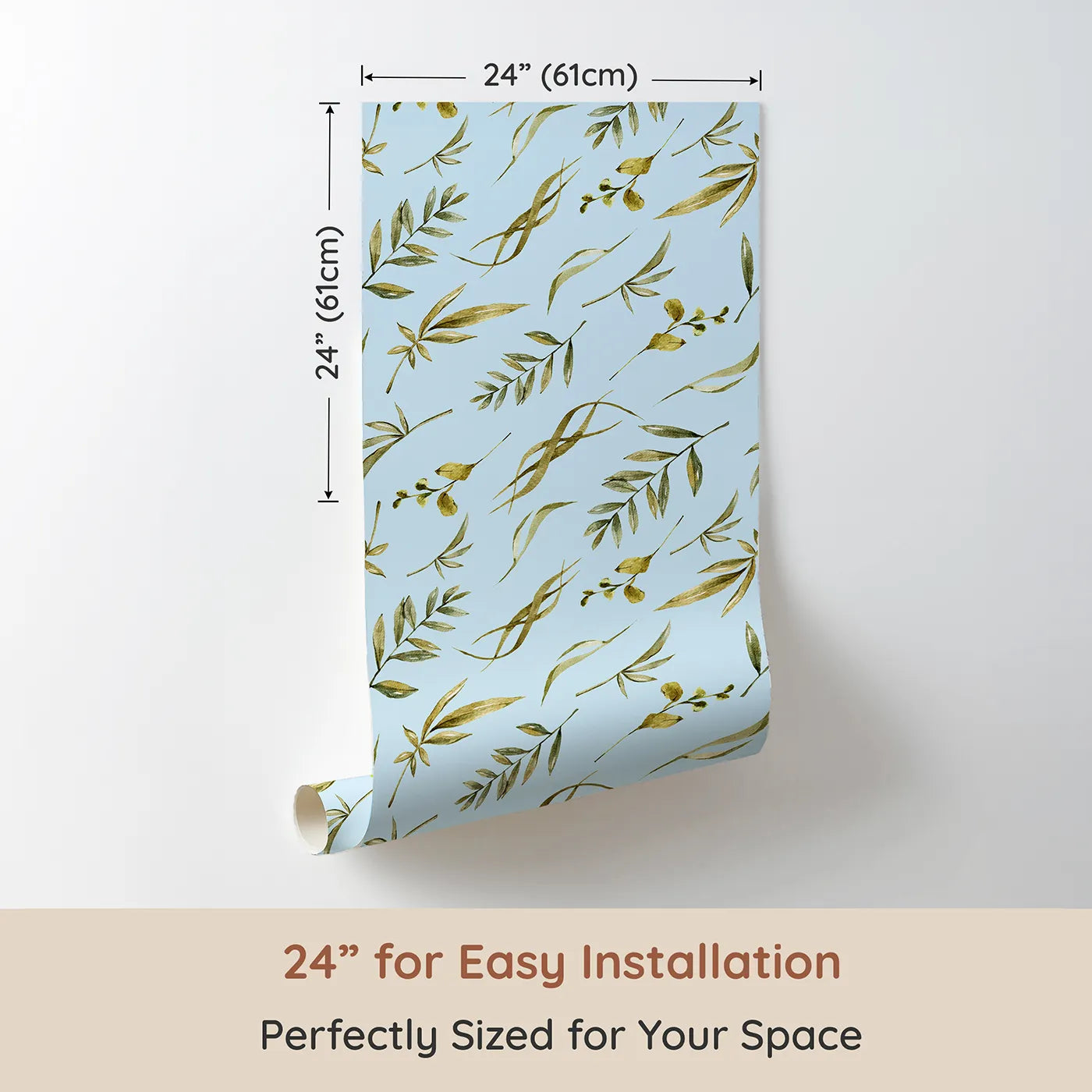 Dimension view of Whimsy Tots Botanical Breeze Wallpaper in Sky (W3361E). Printed in 24-inch-wide panel for easy installation. Watercolor leaves float gently on a sky-blue breeze.