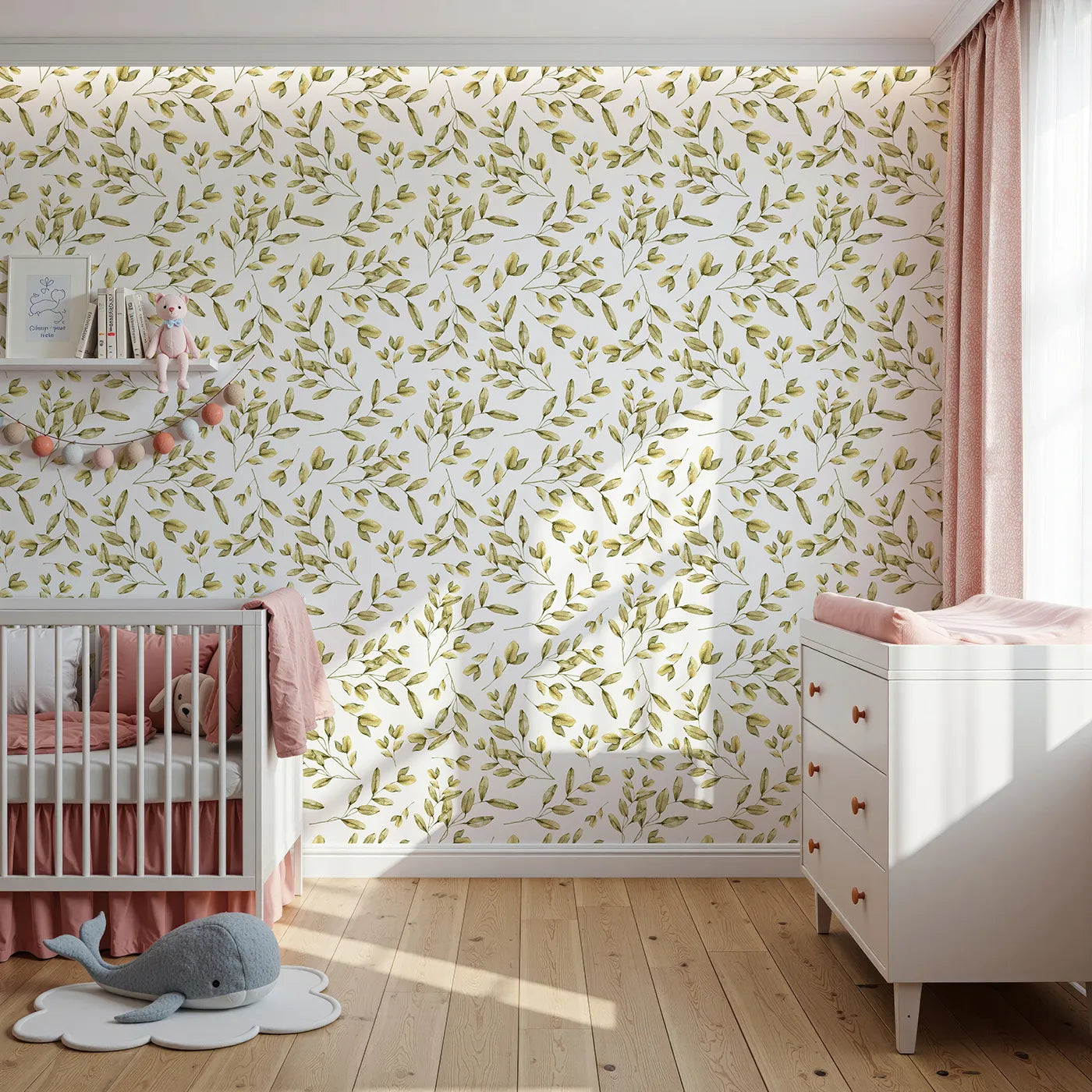 Front view of Whimsy Tots' Golden Olive Garden Wallpaper in White