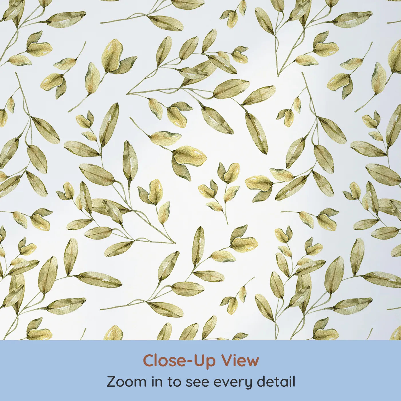 Close-up view of Whimsy Tots' Golden Olive Garden Wallpaper in White (W3362A).Soft golden leaves dance lightly on clean white skies.