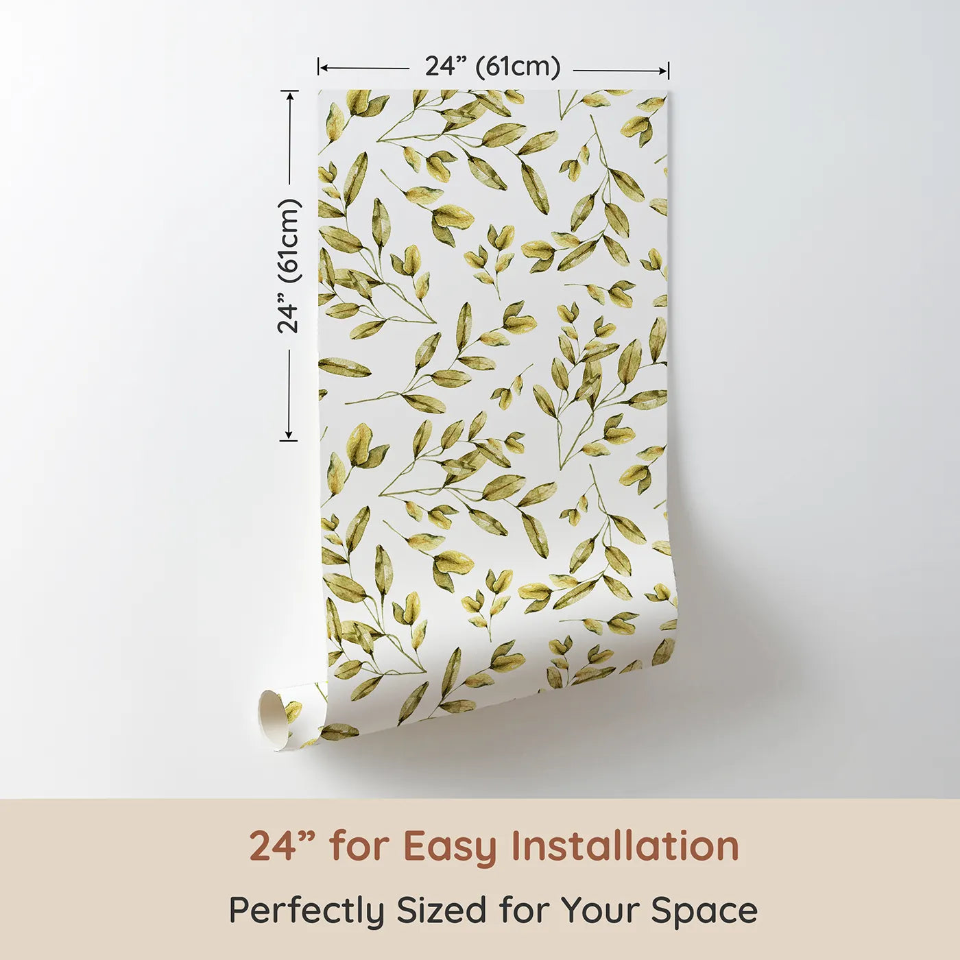 Dimension view of Whimsy Tots Golden Olive Garden Wallpaper in White (W3362A). Printed in 24-inch-wide panel for easy installation. Soft golden leaves dance lightly on clean white skies.