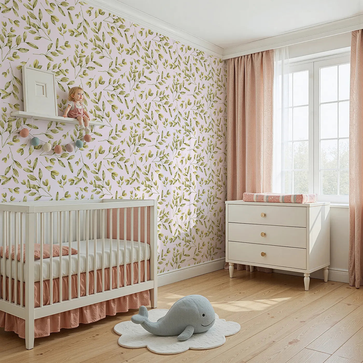 Angled view of Whimsy Tots' Golden Olive Garden Wallpaper in Blush (W3362B).Olive branches sway softly across a sweet blush sky.