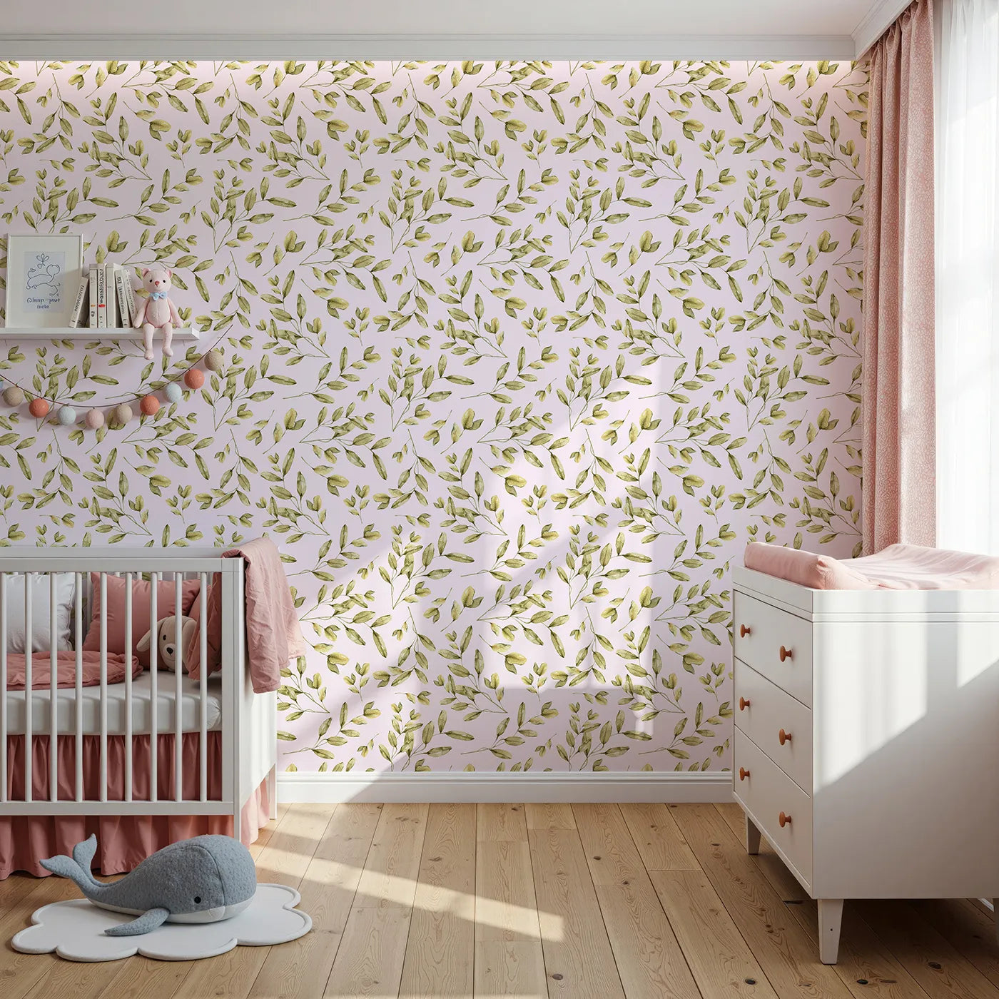 Front view of Whimsy Tots' Golden Olive Garden Wallpaper in Blush