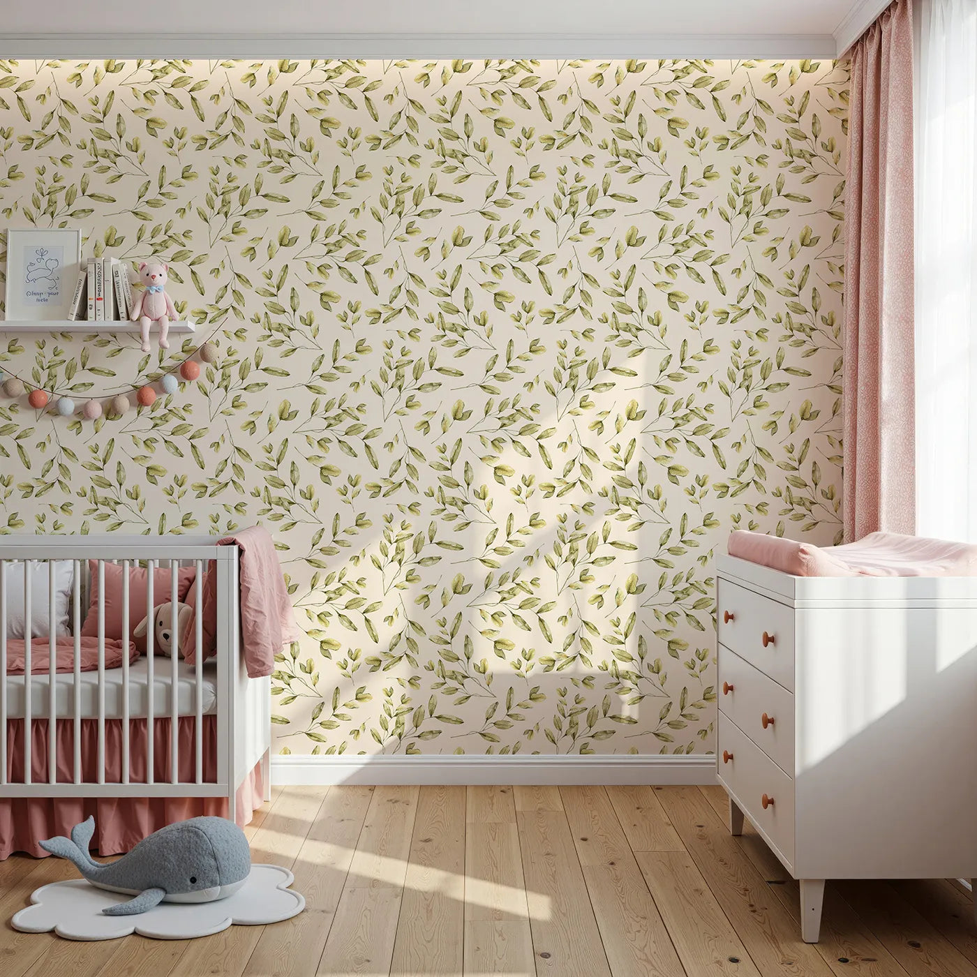 Front view of Whimsy Tots' Golden Olive Garden Wallpaper in Cream