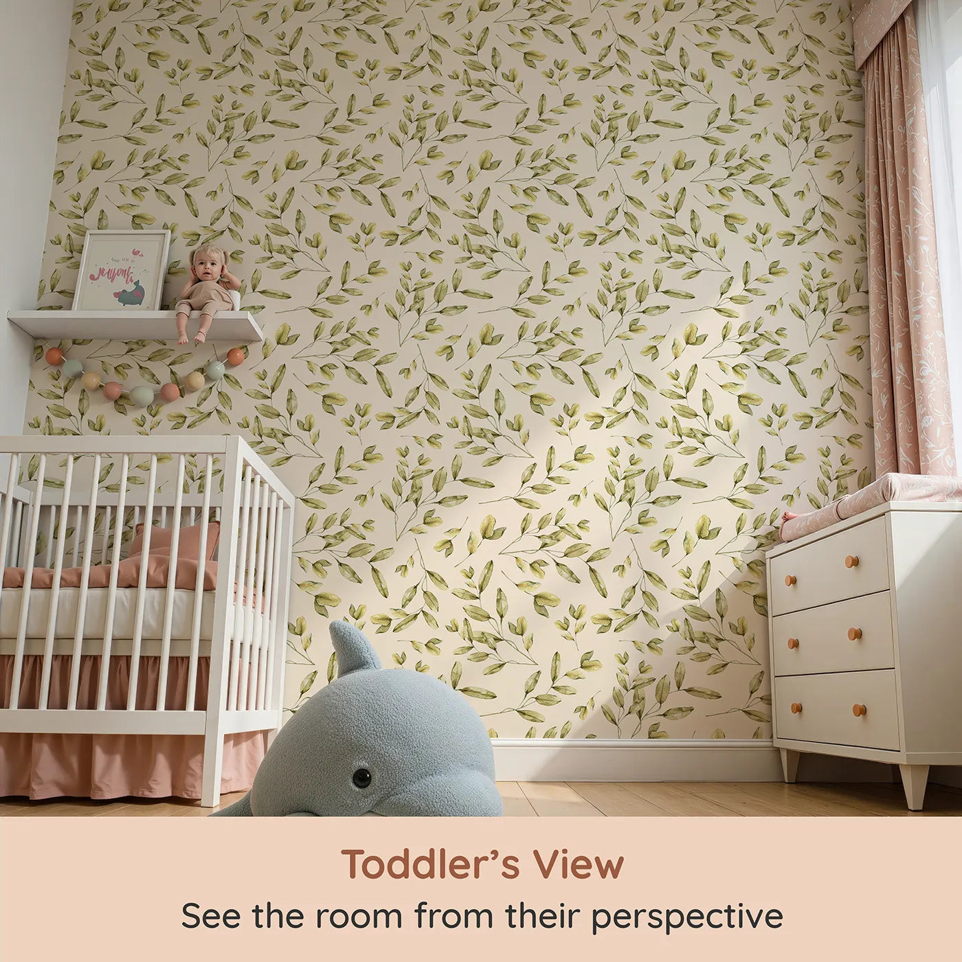 Whimsy Tots Golden Olive Garden Wallpaper in Cream (W3362C) from your child's view.Watercolor olive branches rest gently on warm cream skies.
