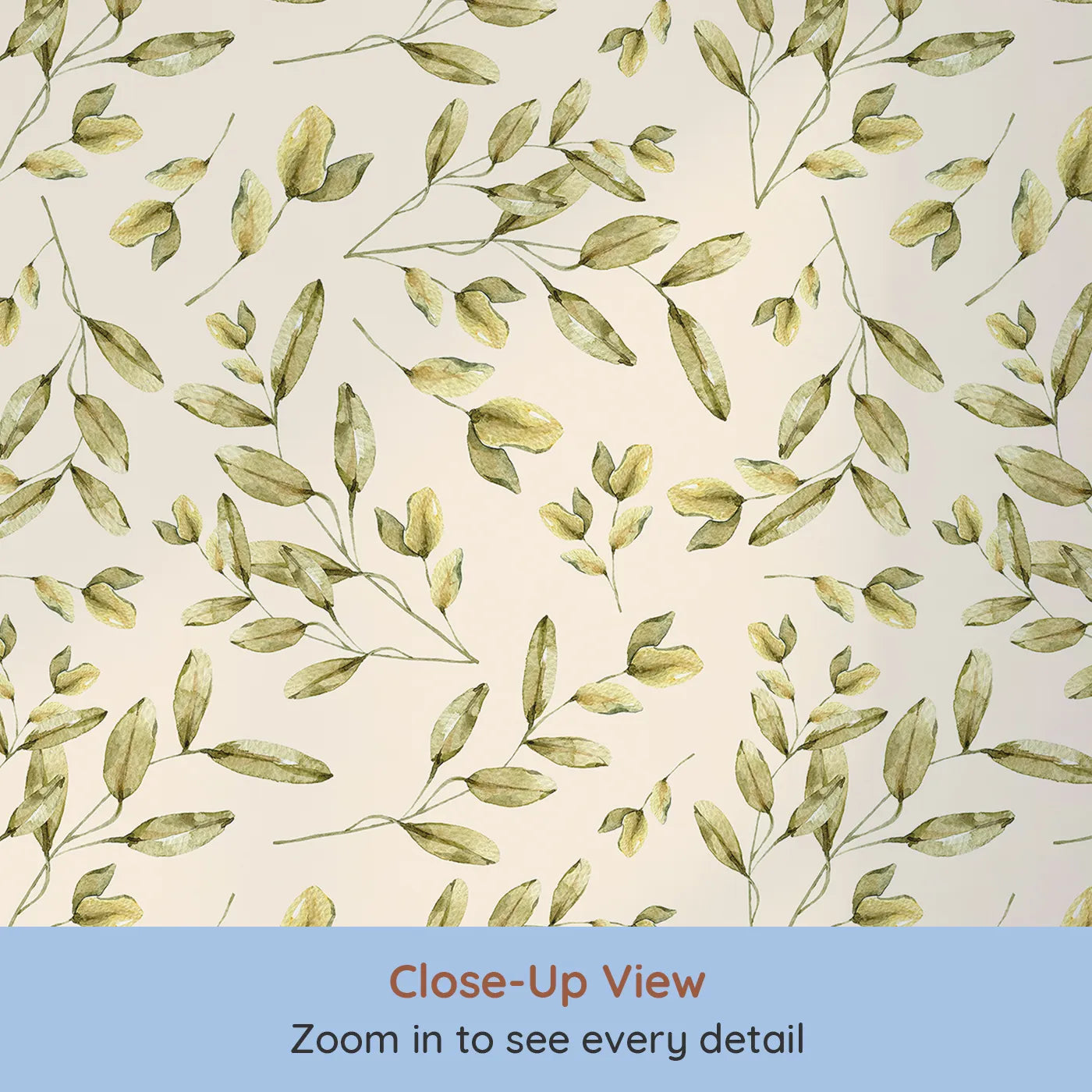 Close-up view of Whimsy Tots' Golden Olive Garden Wallpaper in Cream (W3362C).Watercolor olive branches rest gently on warm cream skies.