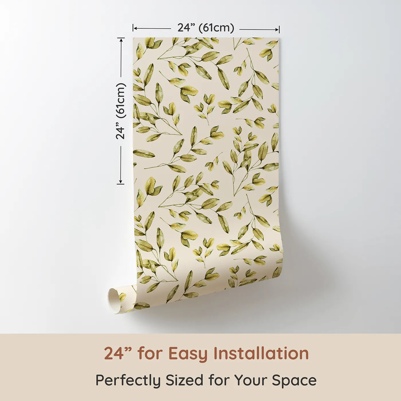 Dimension view of Whimsy Tots Golden Olive Garden Wallpaper in Cream (W3362C). Printed in 24-inch-wide panel for easy installation. Watercolor olive branches rest gently on warm cream skies.