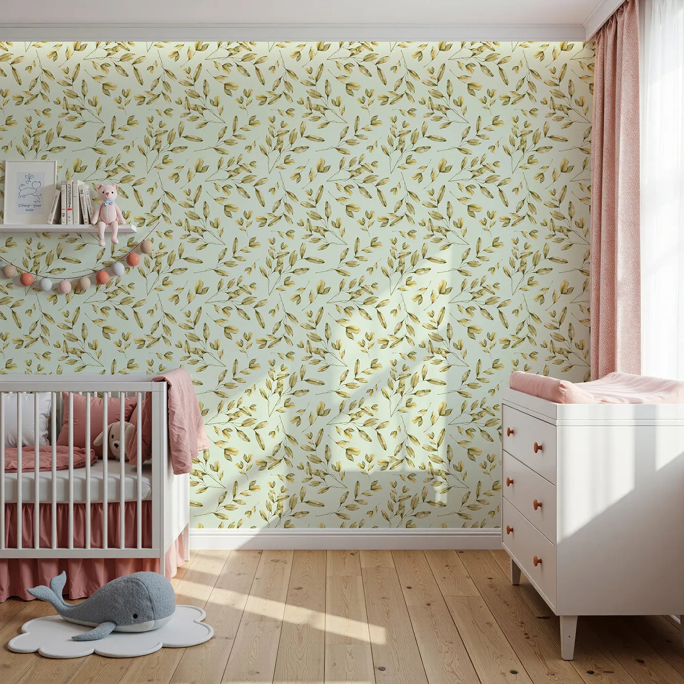 Front view of Whimsy Tots' Golden Olive Garden Wallpaper in Mint
