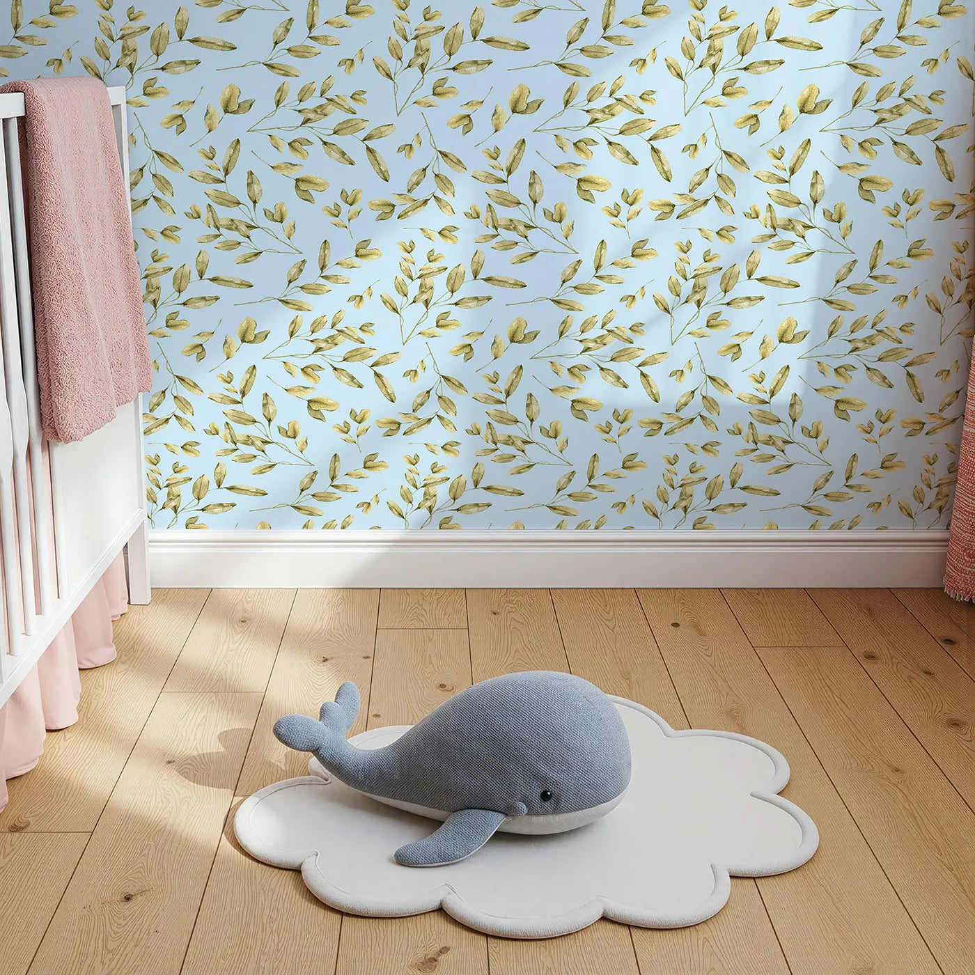 Top-Down view of Whimsy Tots' Golden Olive Garden Wallpaper in Sky (W3362E).Olive sprigs drift softly across a pale blue breeze.