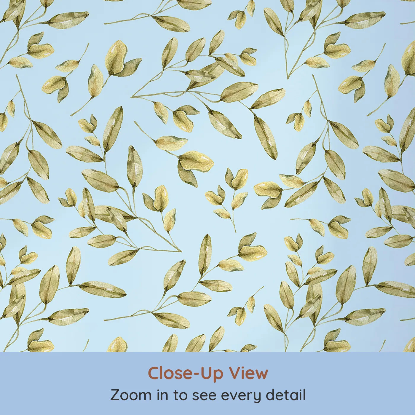 Close-up view of Whimsy Tots' Golden Olive Garden Wallpaper in Sky (W3362E).Olive sprigs drift softly across a pale blue breeze.