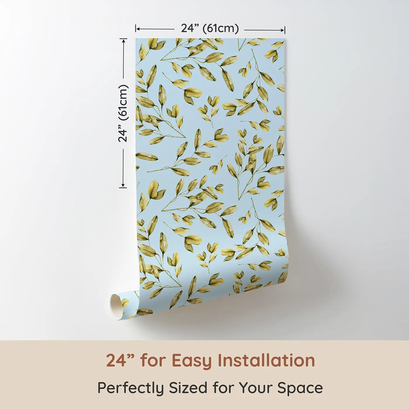 Dimension view of Whimsy Tots Golden Olive Garden Wallpaper in Sky (W3362E). Printed in 24-inch-wide panel for easy installation. Olive sprigs drift softly across a pale blue breeze.