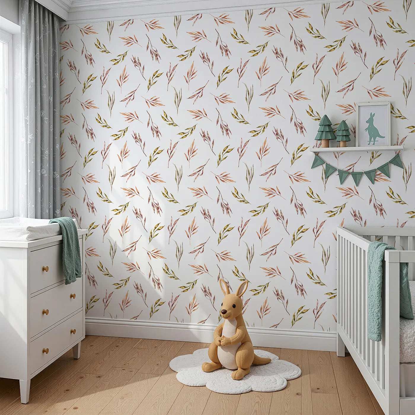 Angled view of Whimsy Tots' Sunset Meadow Breeze Wallpaper in White (W3363A).Golden, russet, and blush leaves float gently on white skies.