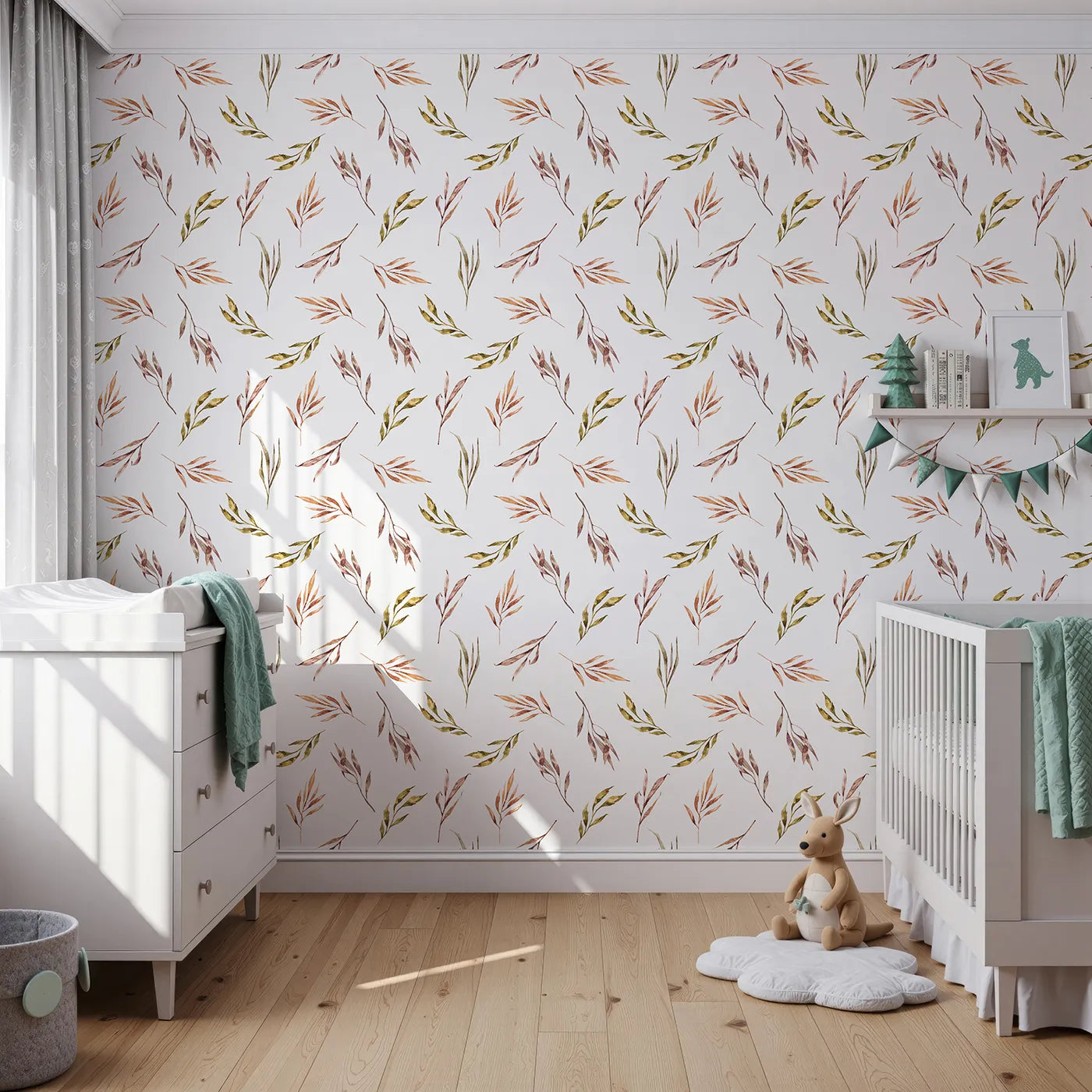 Front view of Whimsy Tots' Sunset Meadow Breeze Wallpaper in White