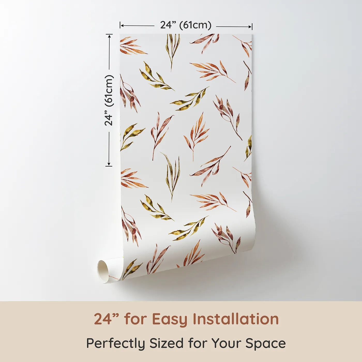 Dimension view of Whimsy Tots Sunset Meadow Breeze Wallpaper in White (W3363A). Printed in 24-inch-wide panel for easy installation. Golden, russet, and blush leaves float gently on white skies.