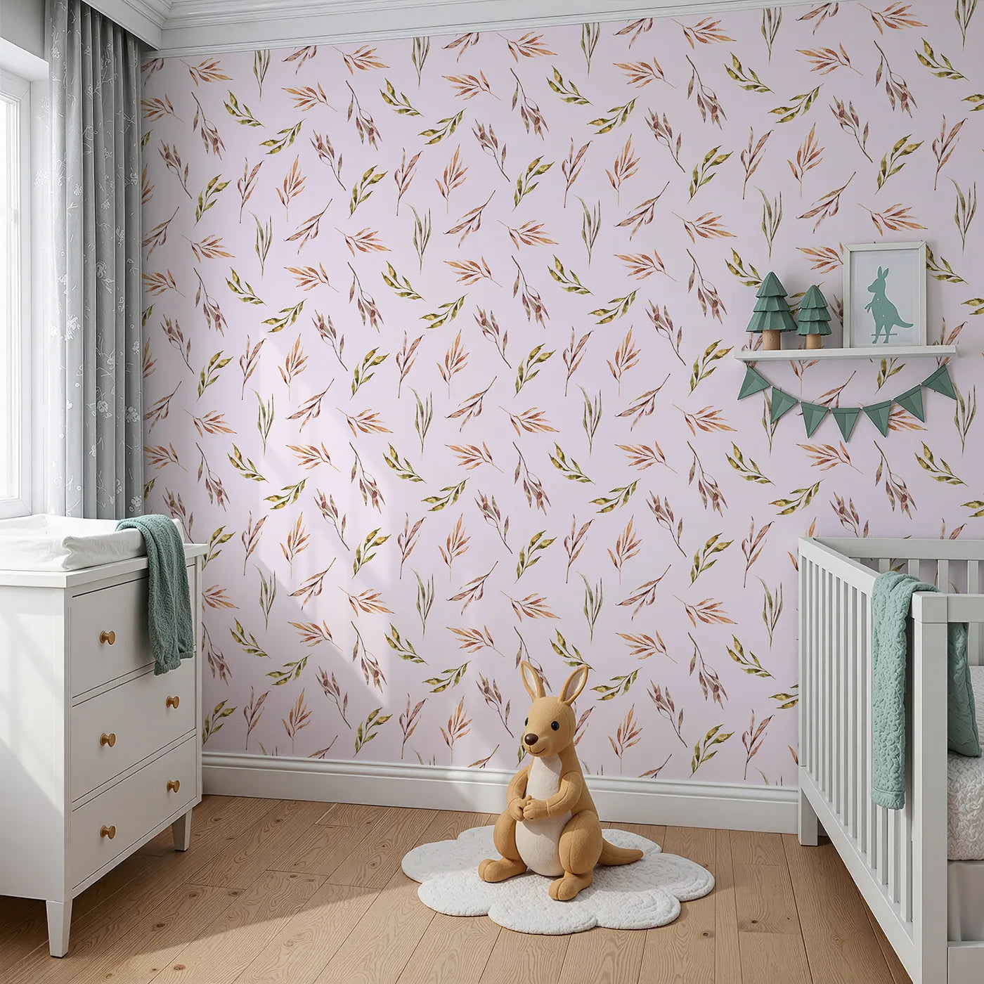 Angled view of Whimsy Tots' Sunset Meadow Breeze Wallpaper in Blush Pink (W3363B).Watercolor leaves swirl softly on a gentle pink breeze.