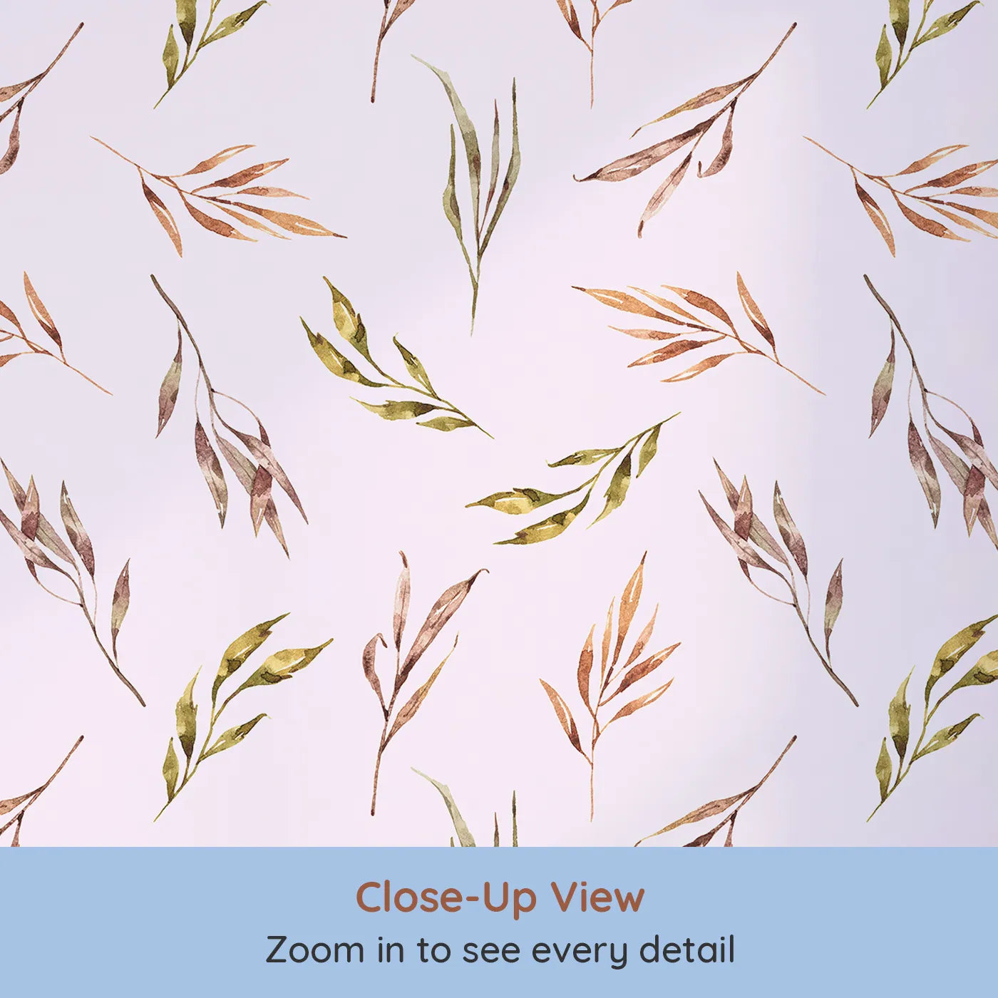 Close-up view of Whimsy Tots' Sunset Meadow Breeze Wallpaper in Blush Pink (W3363B).Watercolor leaves swirl softly on a gentle pink breeze.