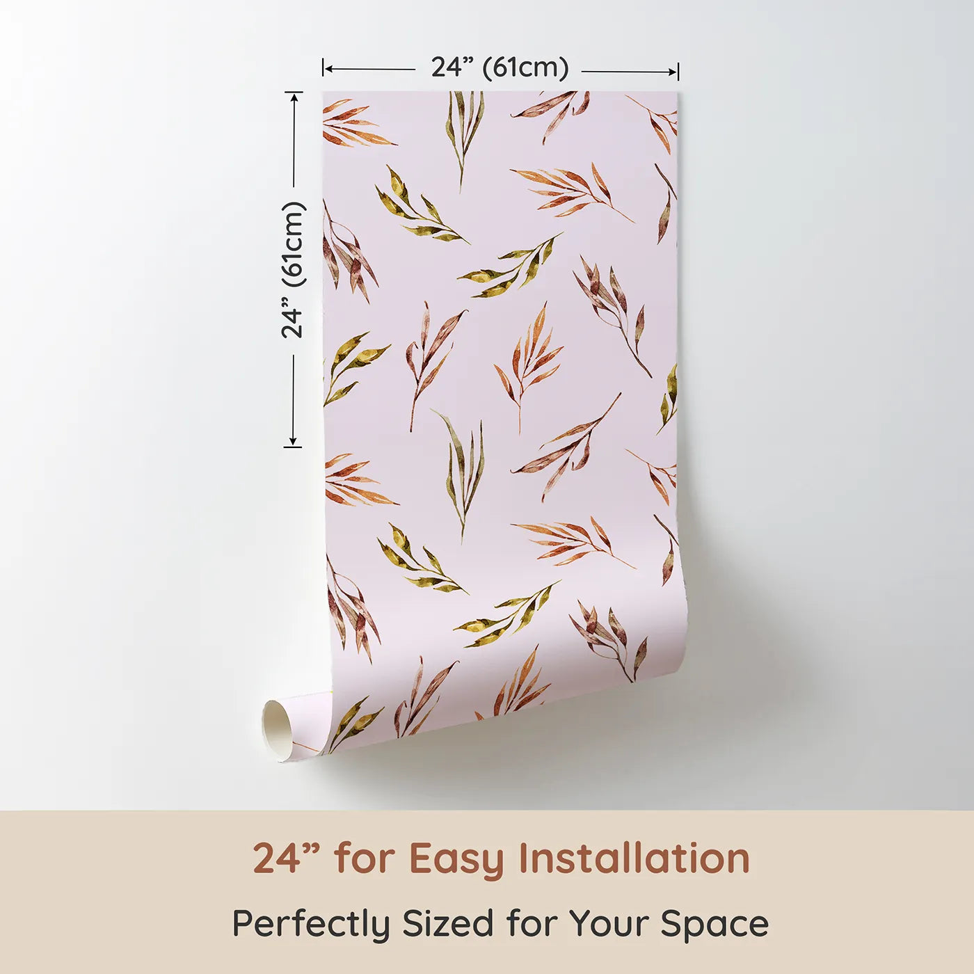 Dimension view of Whimsy Tots Sunset Meadow Breeze Wallpaper in Blush Pink (W3363B). Printed in 24-inch-wide panel for easy installation. Watercolor leaves swirl softly on a gentle pink breeze.