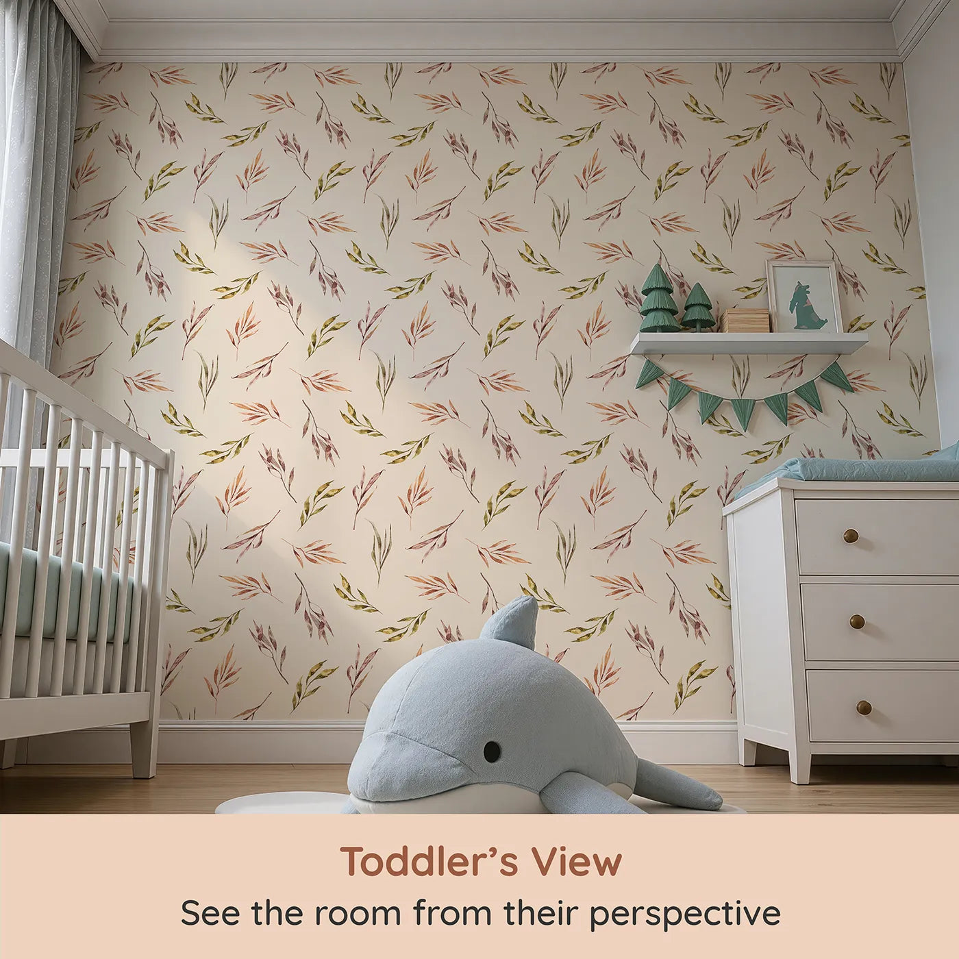 Whimsy Tots Sunset Meadow Breeze Wallpaper in Cream (W3363C) from your child's view.Watercolor stems drift across soft cream skies with golden calm.