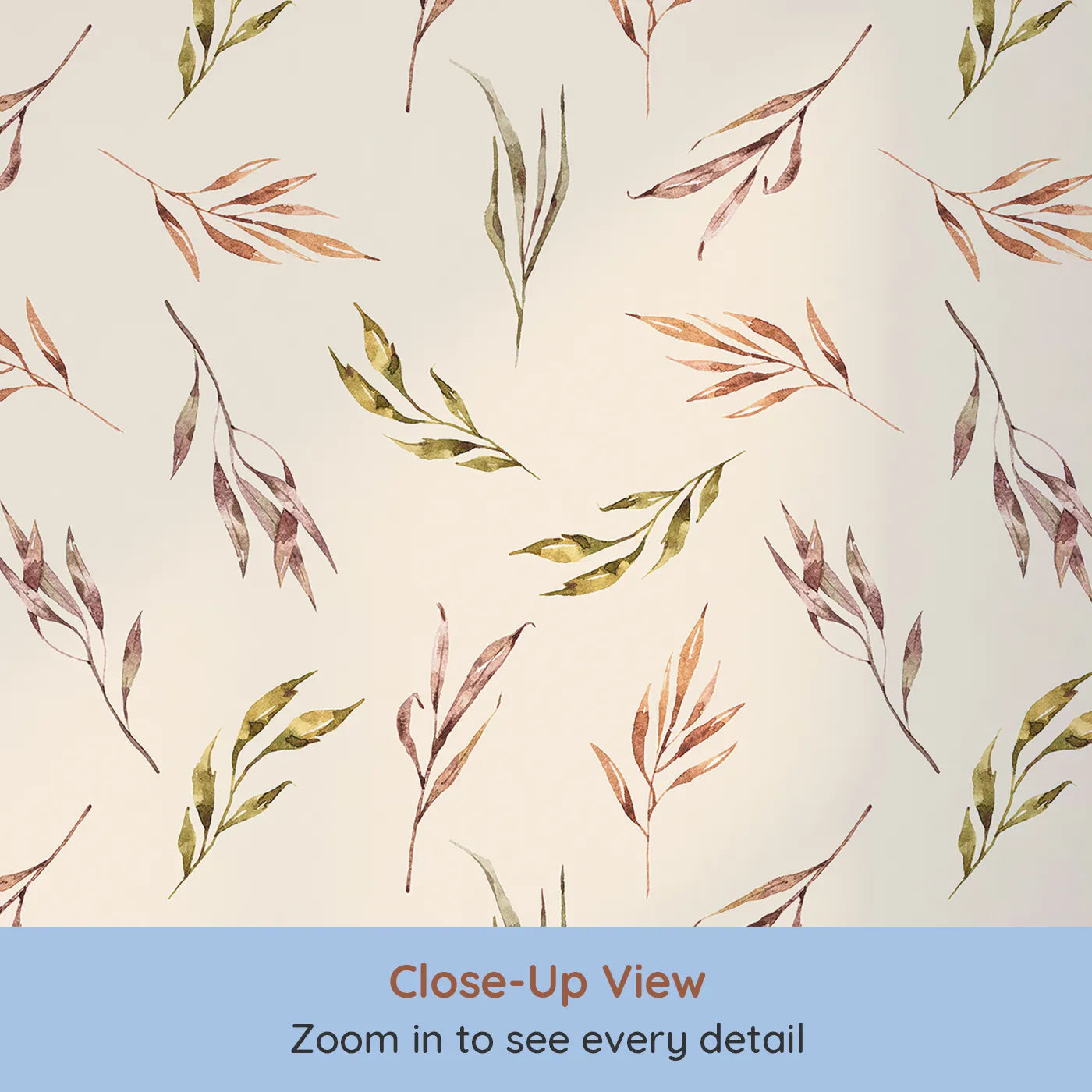 Close-up view of Whimsy Tots' Sunset Meadow Breeze Wallpaper in Cream (W3363C).Watercolor stems drift across soft cream skies with golden calm.