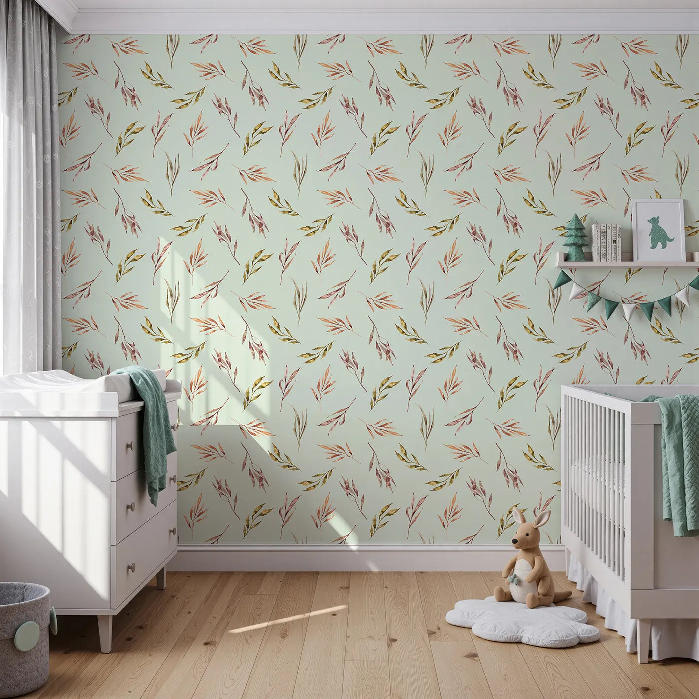 Front view of Whimsy Tots' Sunset Meadow Breeze Wallpaper in Mint Green