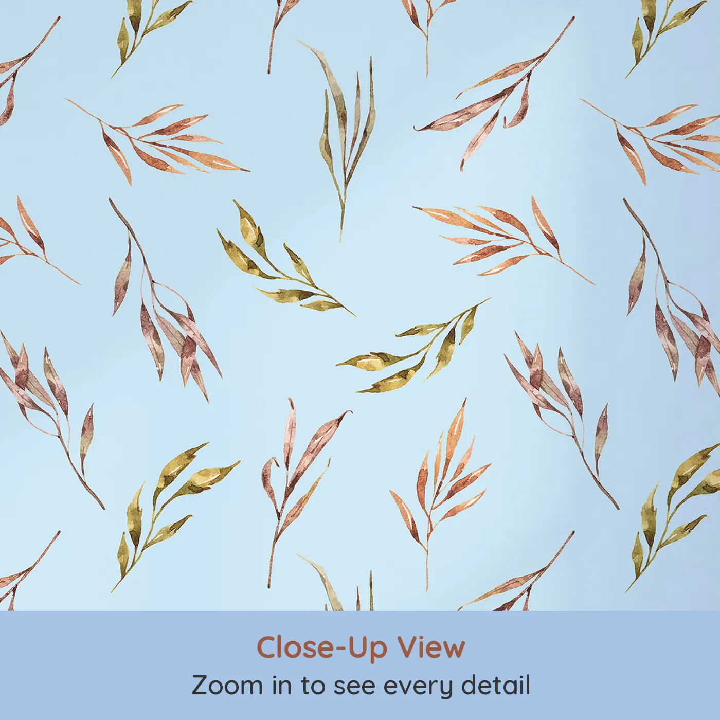 Close-up view of Whimsy Tots' Sunset Meadow Breeze Wallpaper in Sky (W3363E).Warm watercolor stems flutter softly on sky-blue skies.