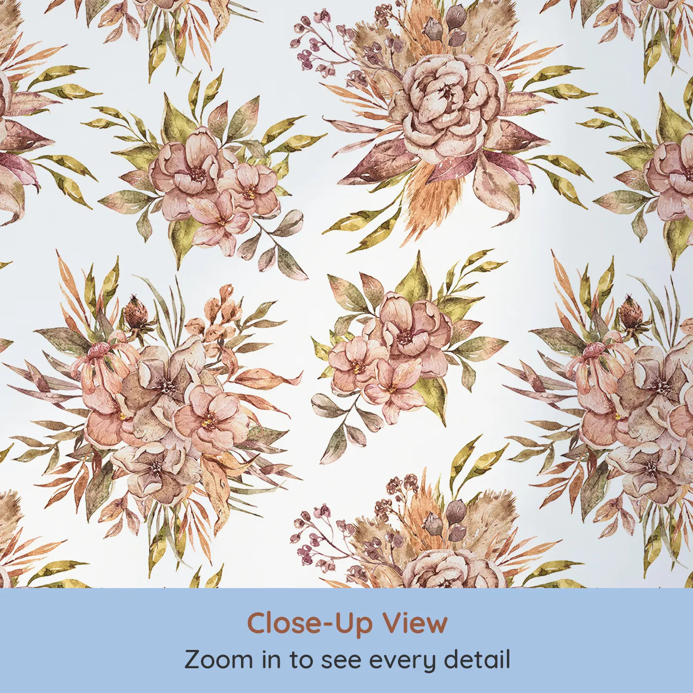 Close-up view of Whimsy Tots' Autumn Bloom Harmony Wallpaper in White (W3364A).Watercolor florals blossom in soft autumn tones across crisp white skies.